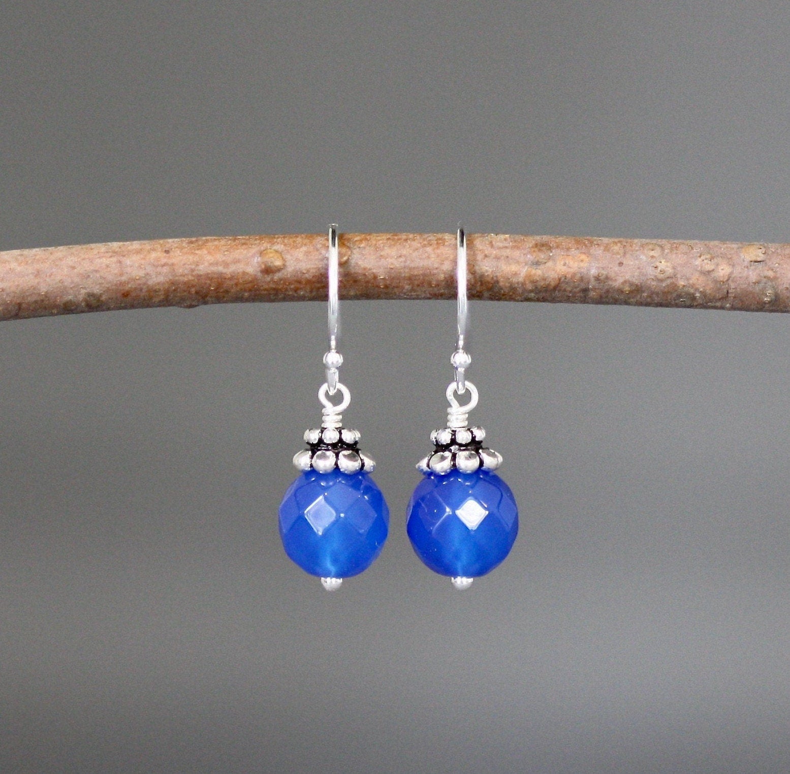Blue Agate Bead Earrings with Bali Sterling Silver Caps