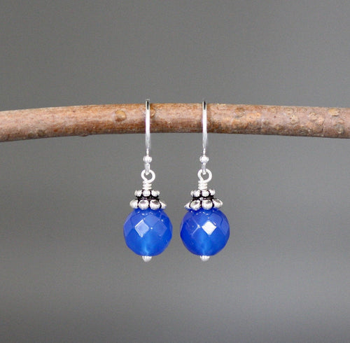 Blue Agate Bead Earrings with Bali Sterling Silver Caps