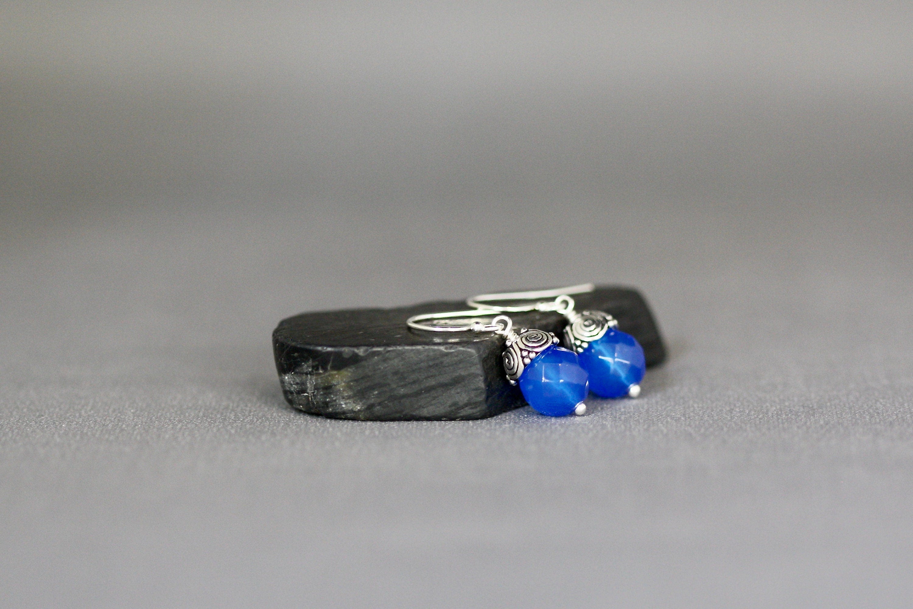 Blue Agate Bead Earrings with Bali Silver Caps