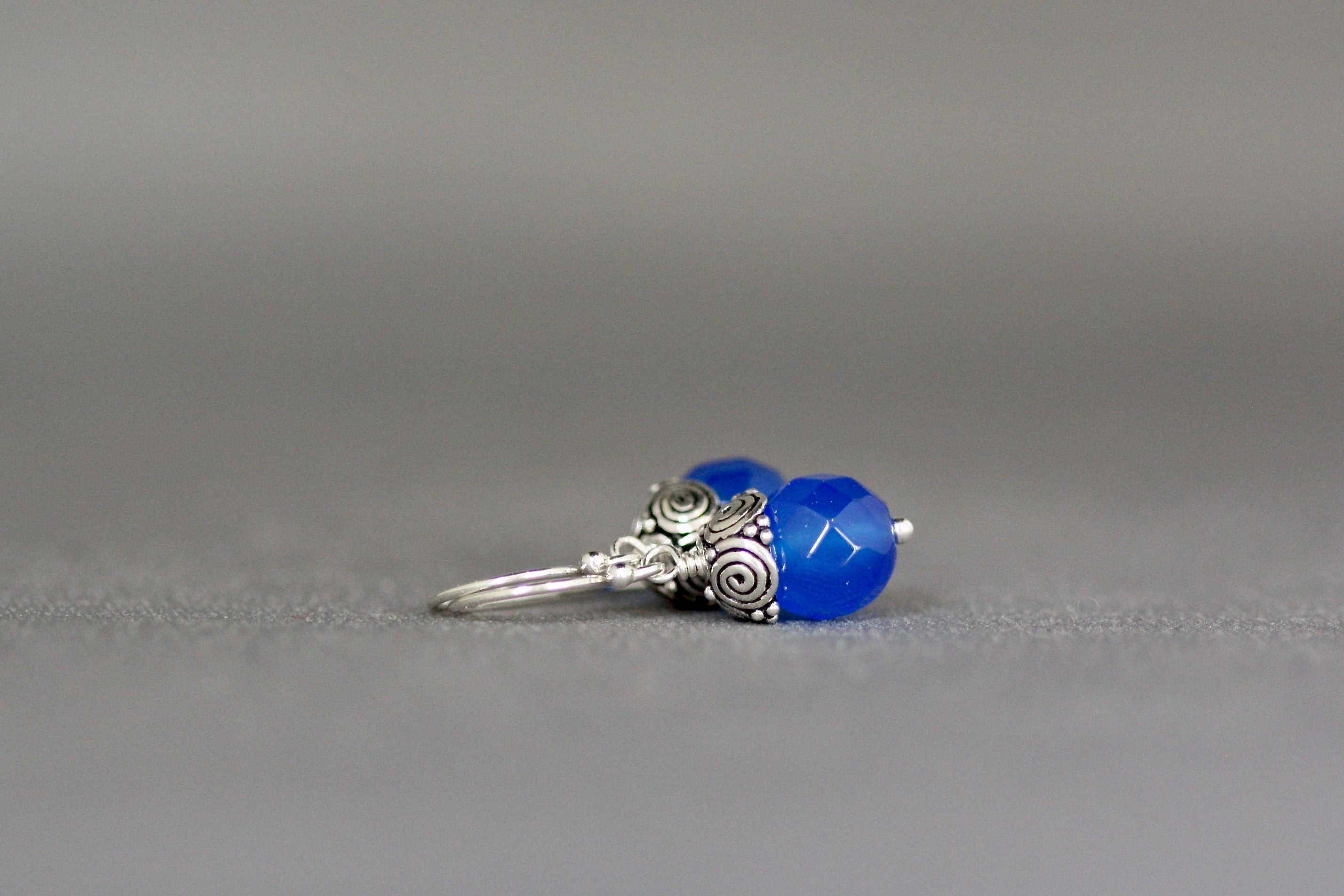 Blue Agate Bead Earrings with Bali Silver Caps