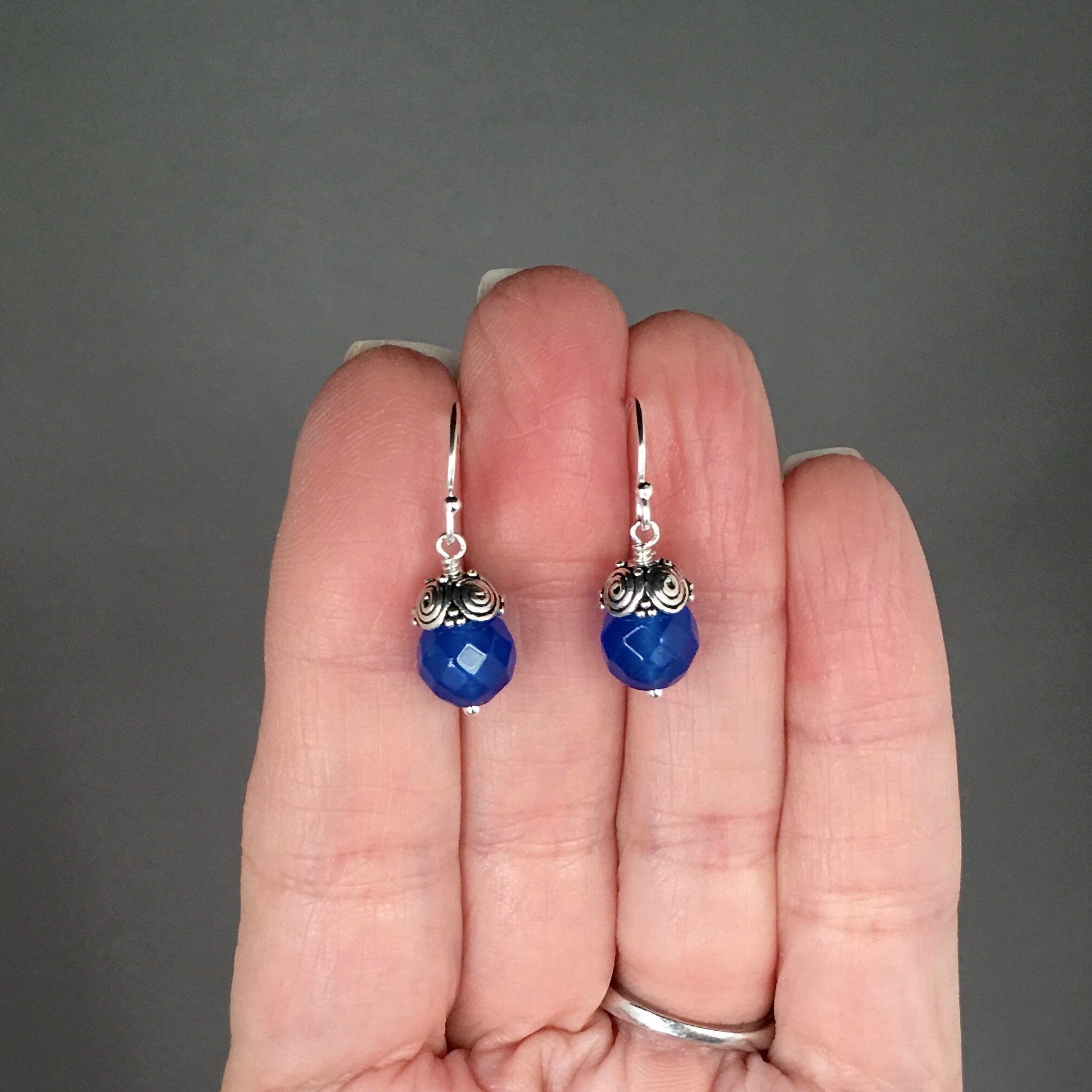 Blue Agate Bead Earrings with Bali Silver Caps