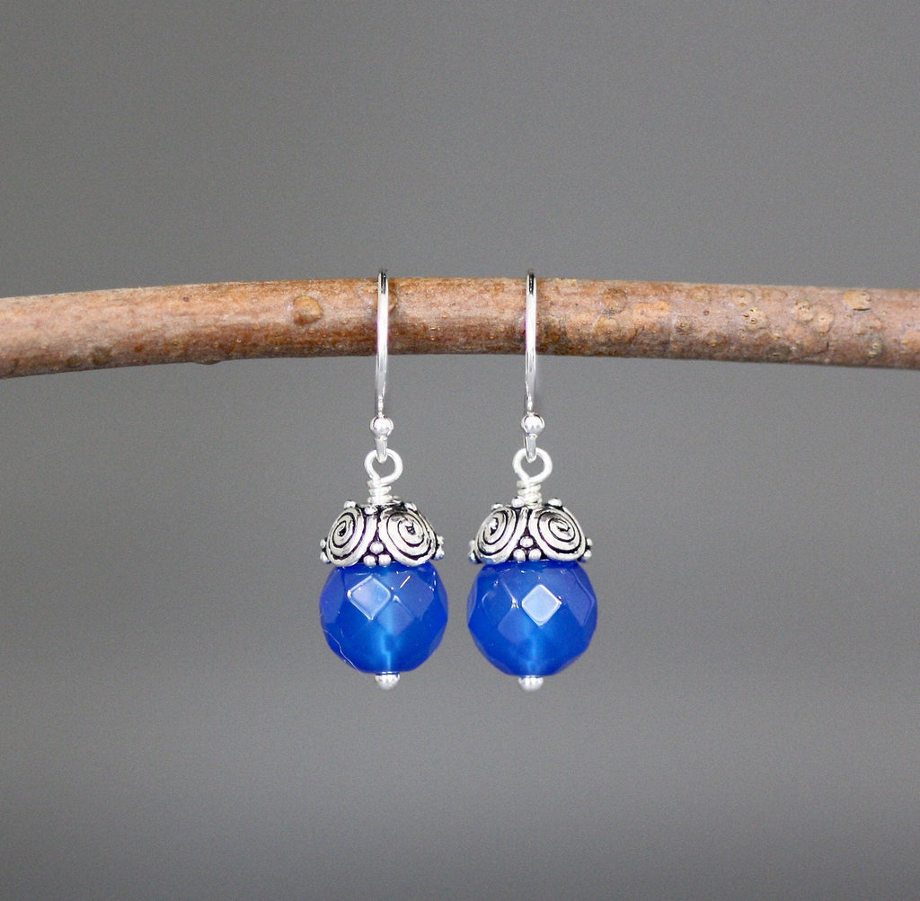 Blue Agate Bead Earrings with Bali Silver Caps