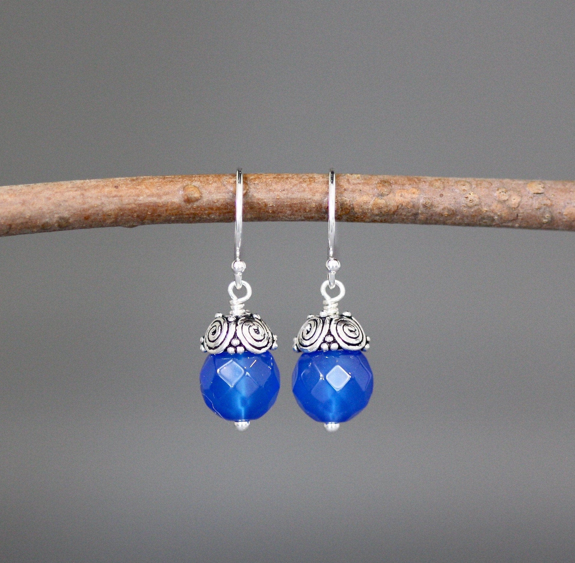 Blue Agate Bead Earrings with Bali Silver Caps