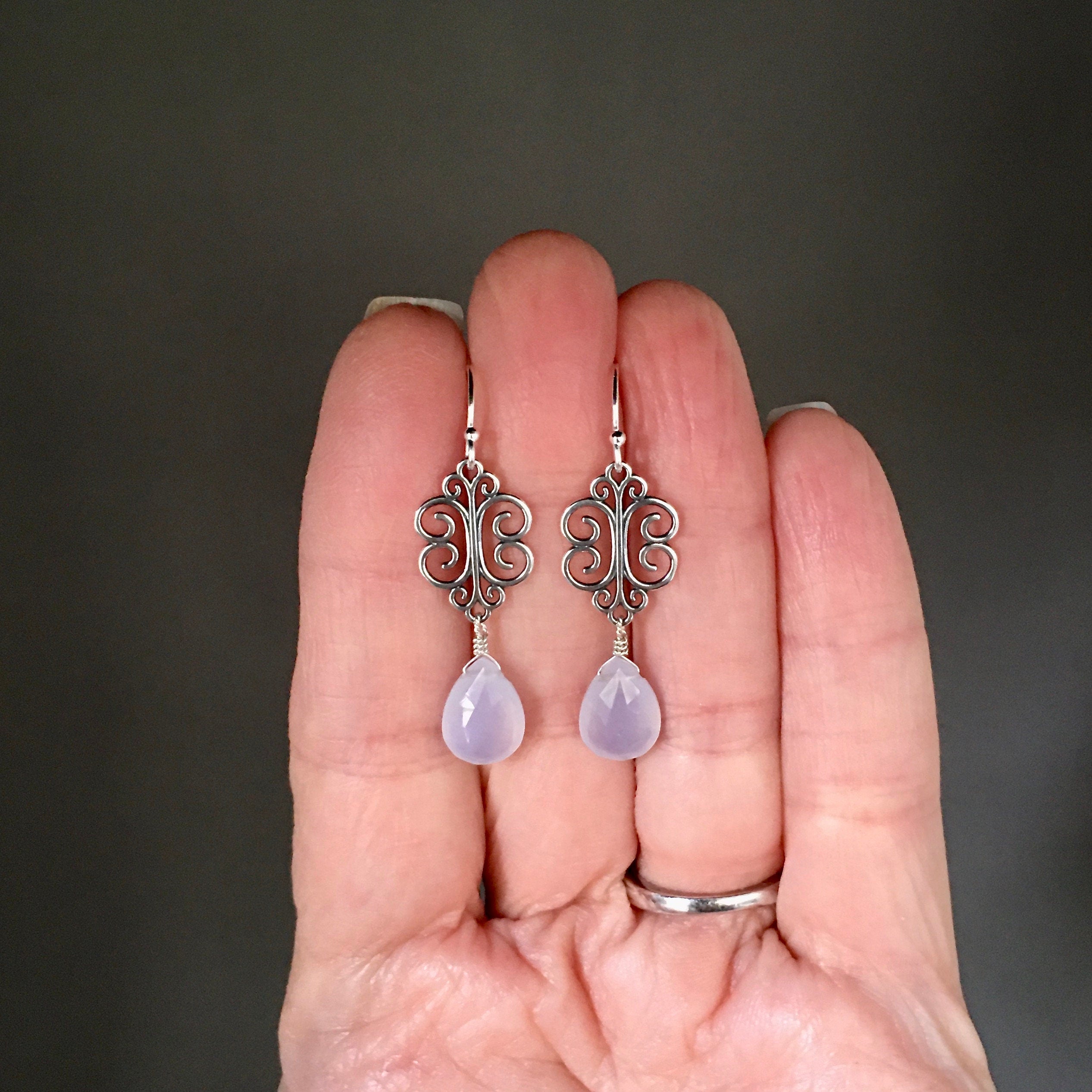 Blue Chalcedony Teardrop Earrings on Bali Sterling Silver Filigree Links