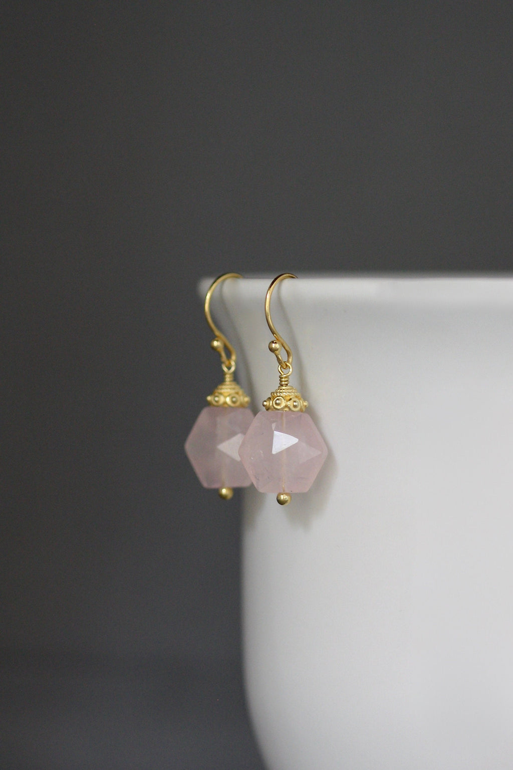 Rose Quartz Hexagon Dangle Earrings with Gold Vermeil Caps