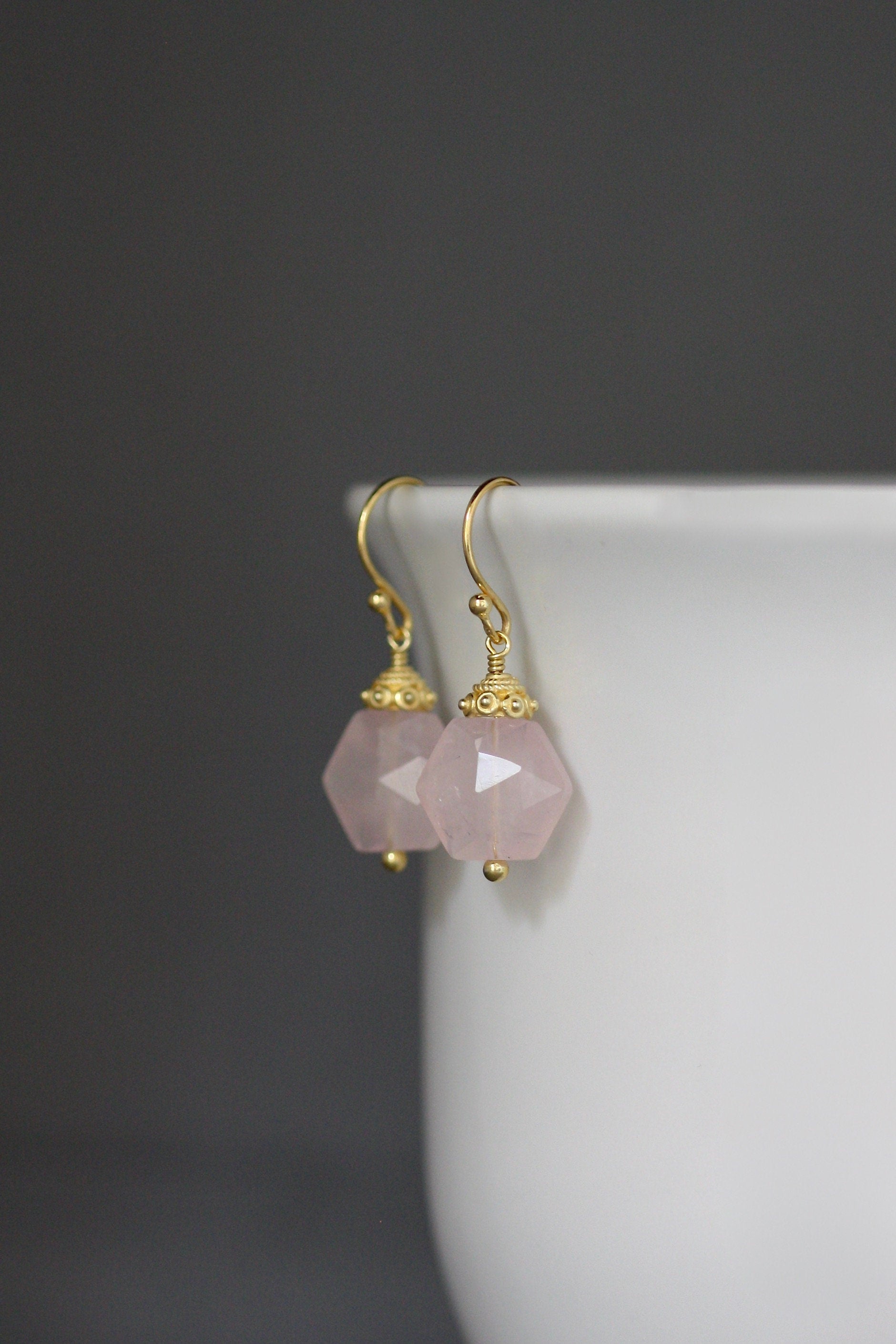 Rose Quartz Hexagon Dangle Earrings with Gold Vermeil Caps