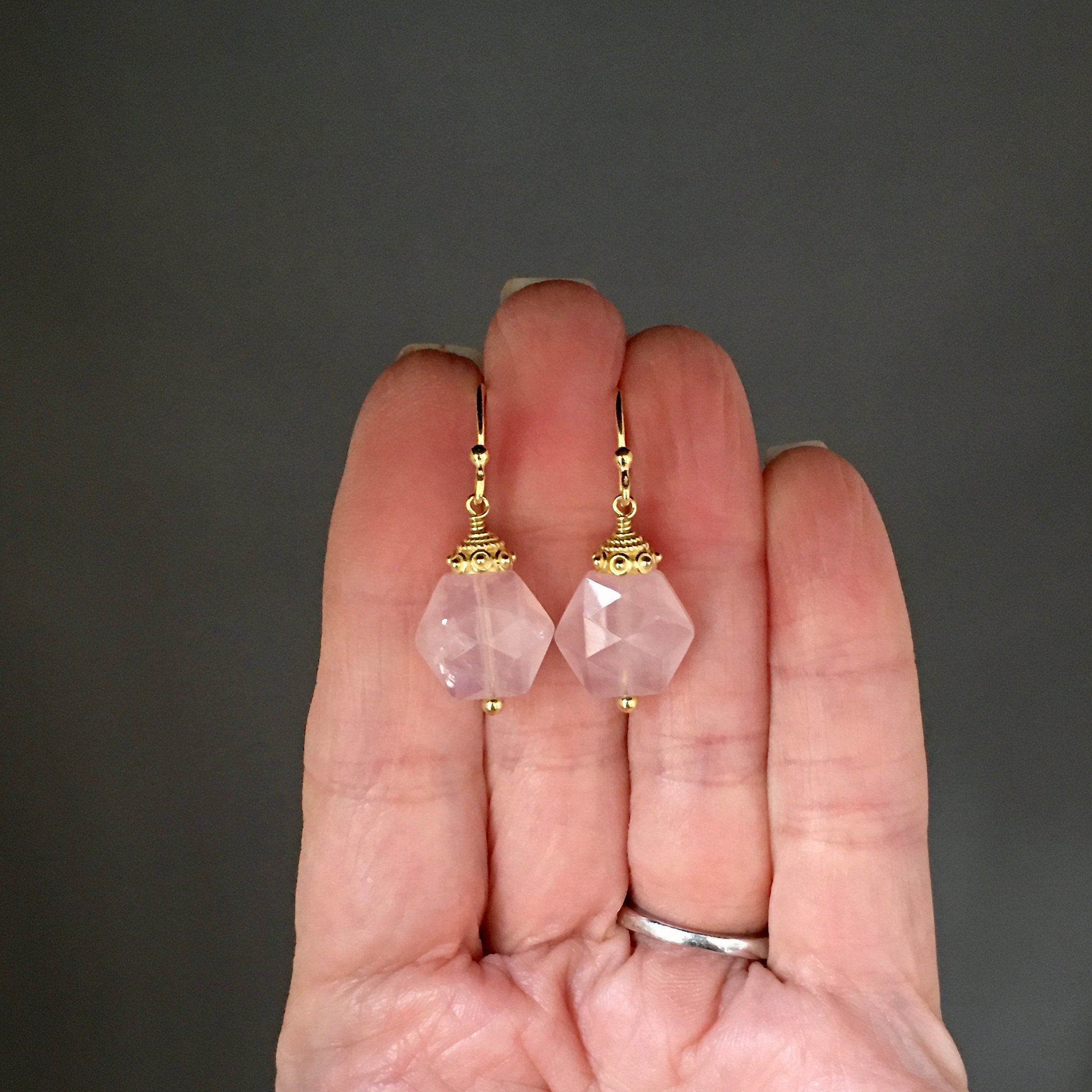 Rose Quartz Hexagon Dangle Earrings with Gold Vermeil Caps