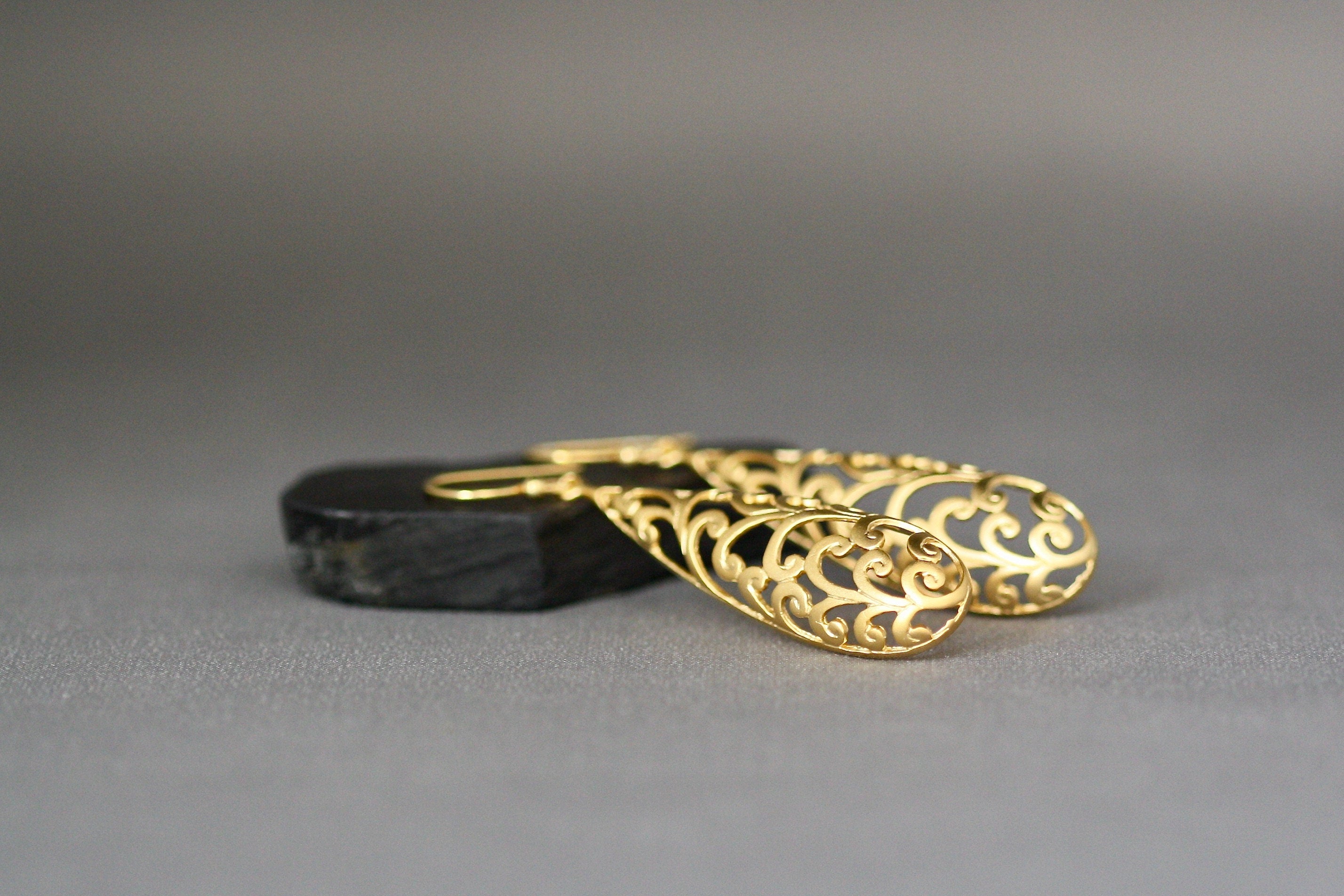 Long Matte Gold Vermeil Filigree Dangle Earrings II