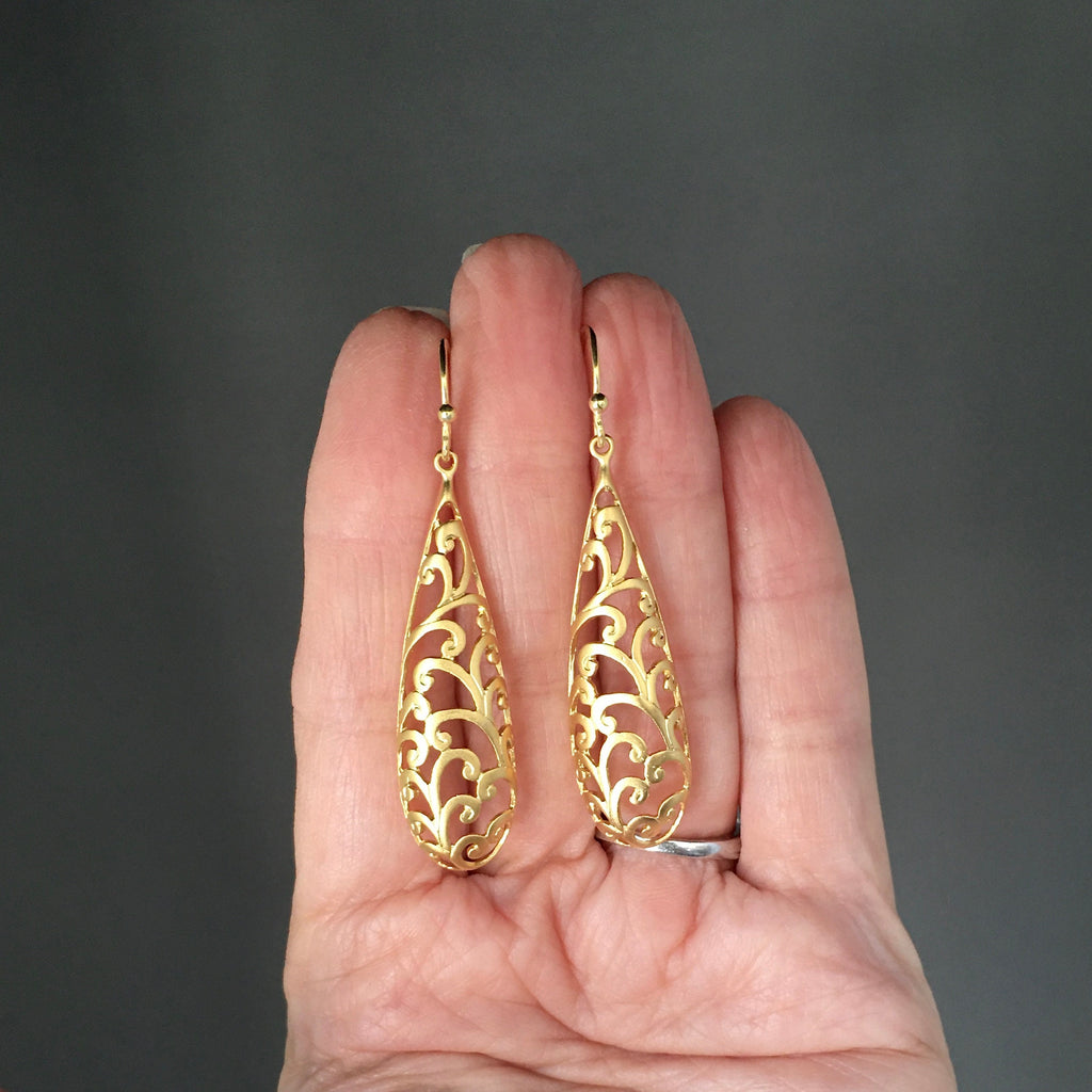 Long Matte Gold Vermeil Filigree Dangle Earrings II
