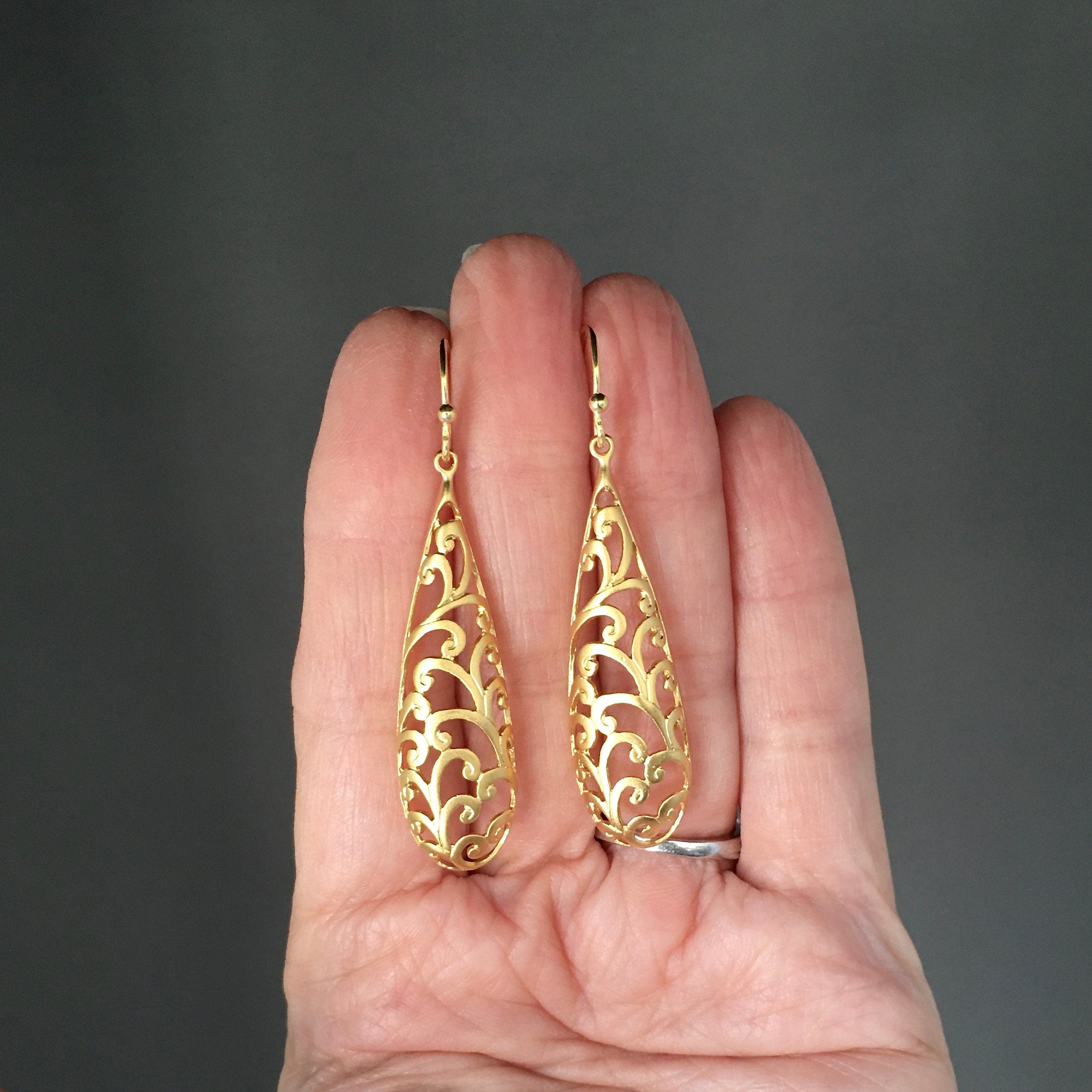 Long Matte Gold Vermeil Filigree Dangle Earrings II