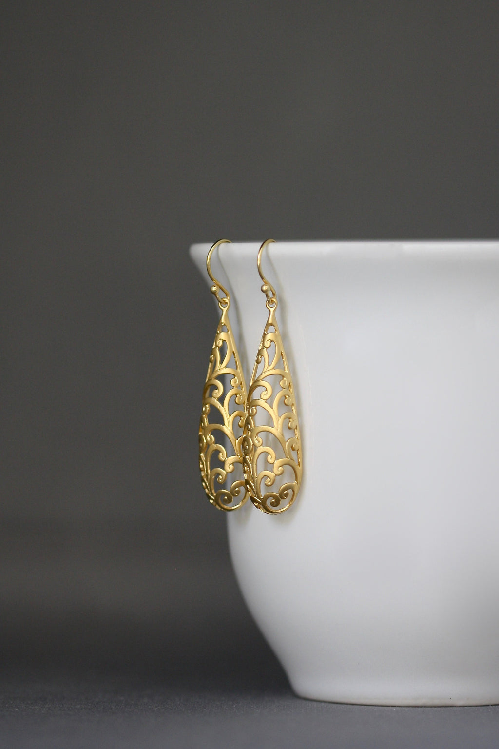 Long Matte Gold Vermeil Filigree Dangle Earrings II