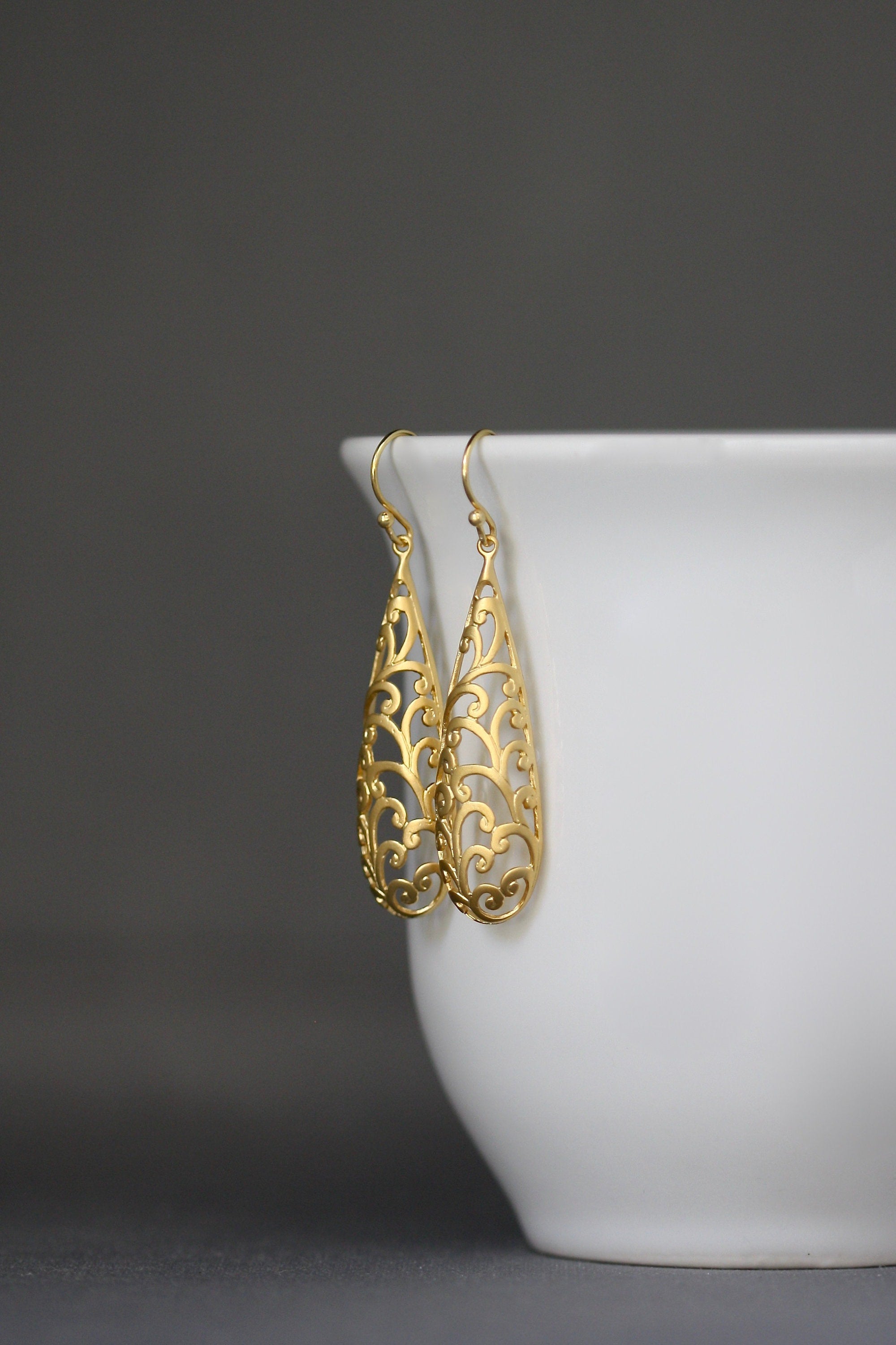 Long Matte Gold Vermeil Filigree Dangle Earrings II