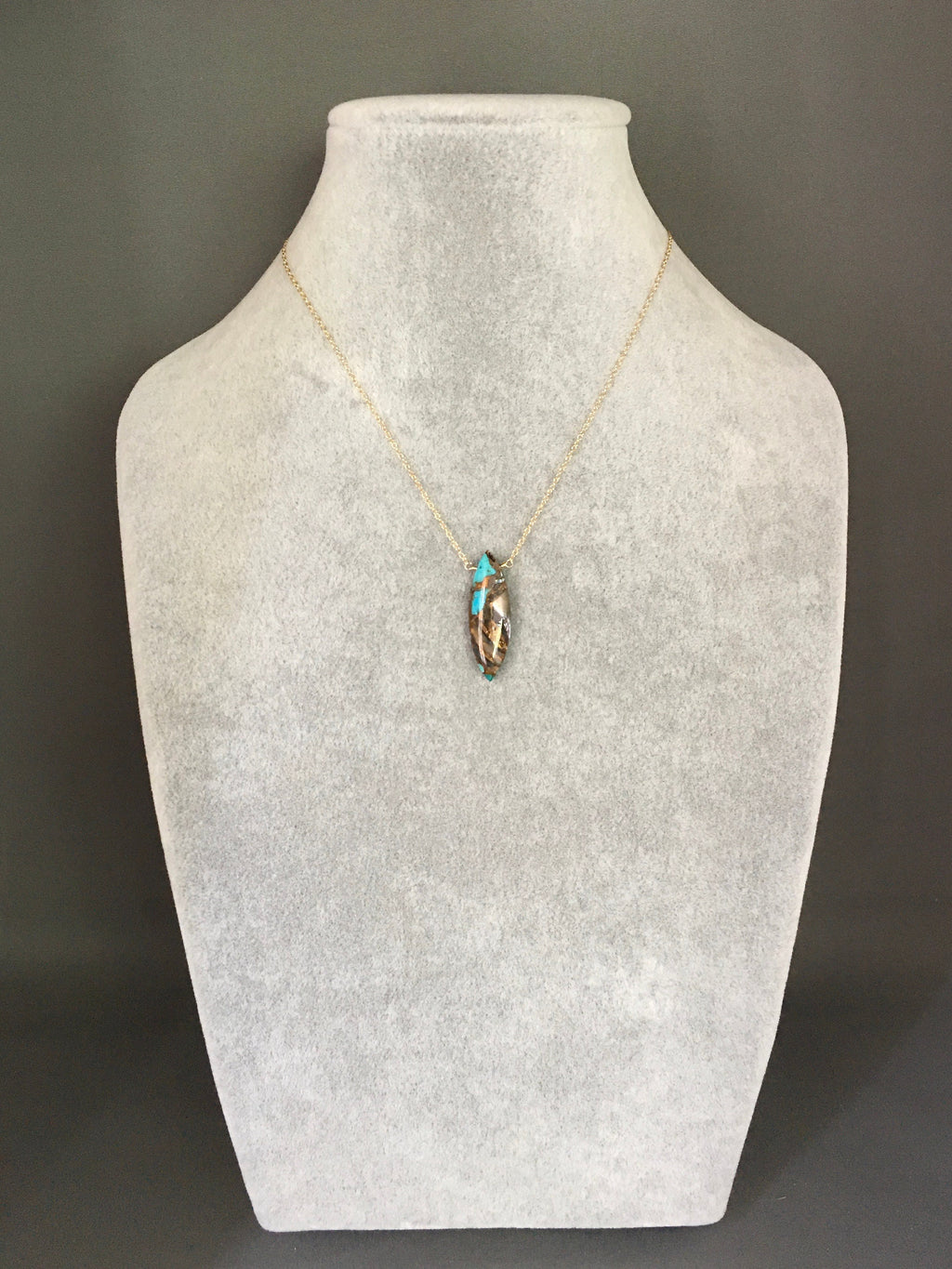 Turquoise and Bronze Abalone Marquise Pendant Necklace on Gold Filled Chain