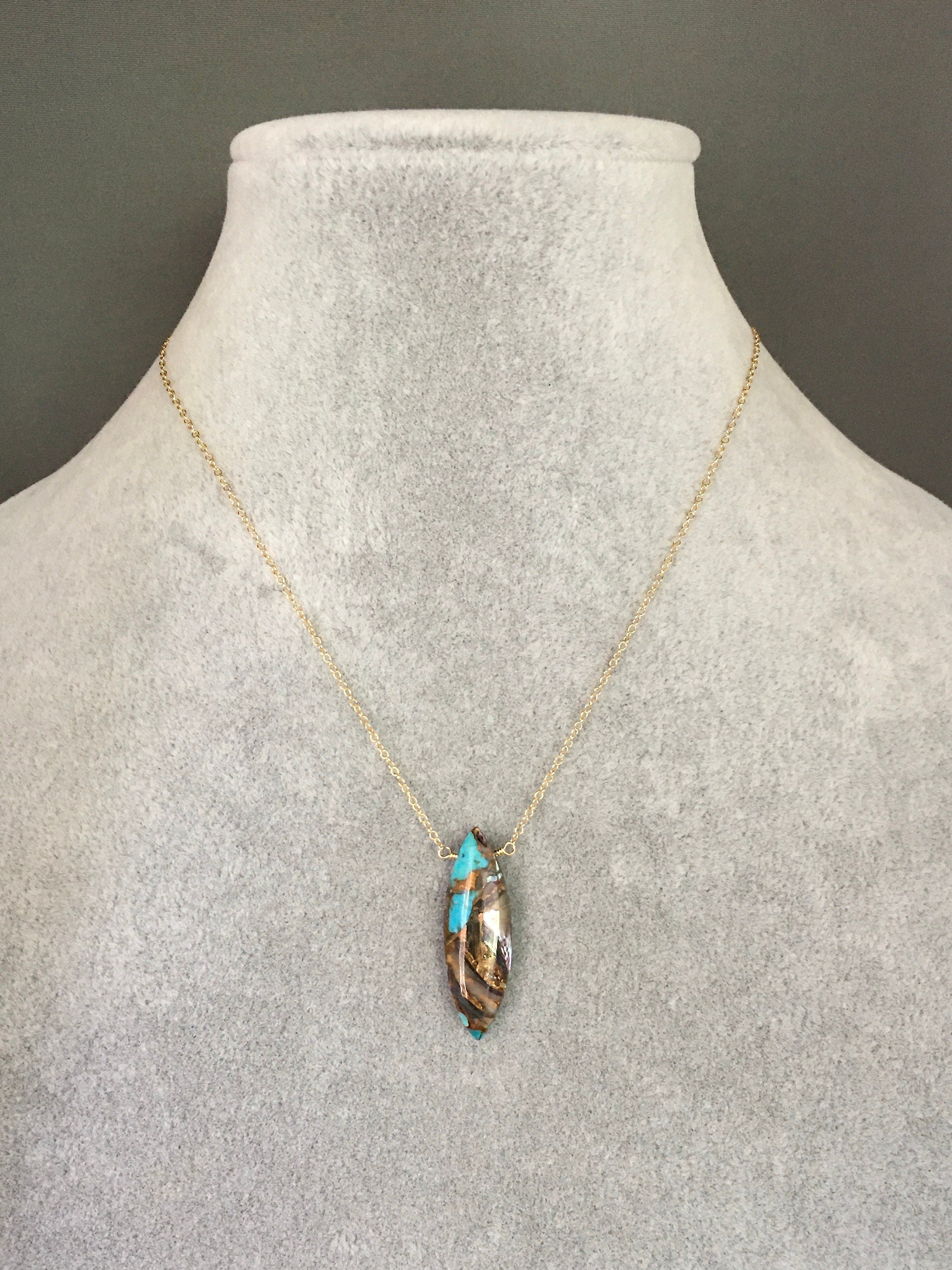 Turquoise and Bronze Abalone Marquise Pendant Necklace on Gold Filled Chain