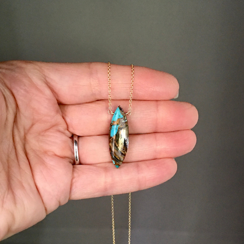 Turquoise and Bronze Abalone Marquise Pendant Necklace on Gold Filled Chain