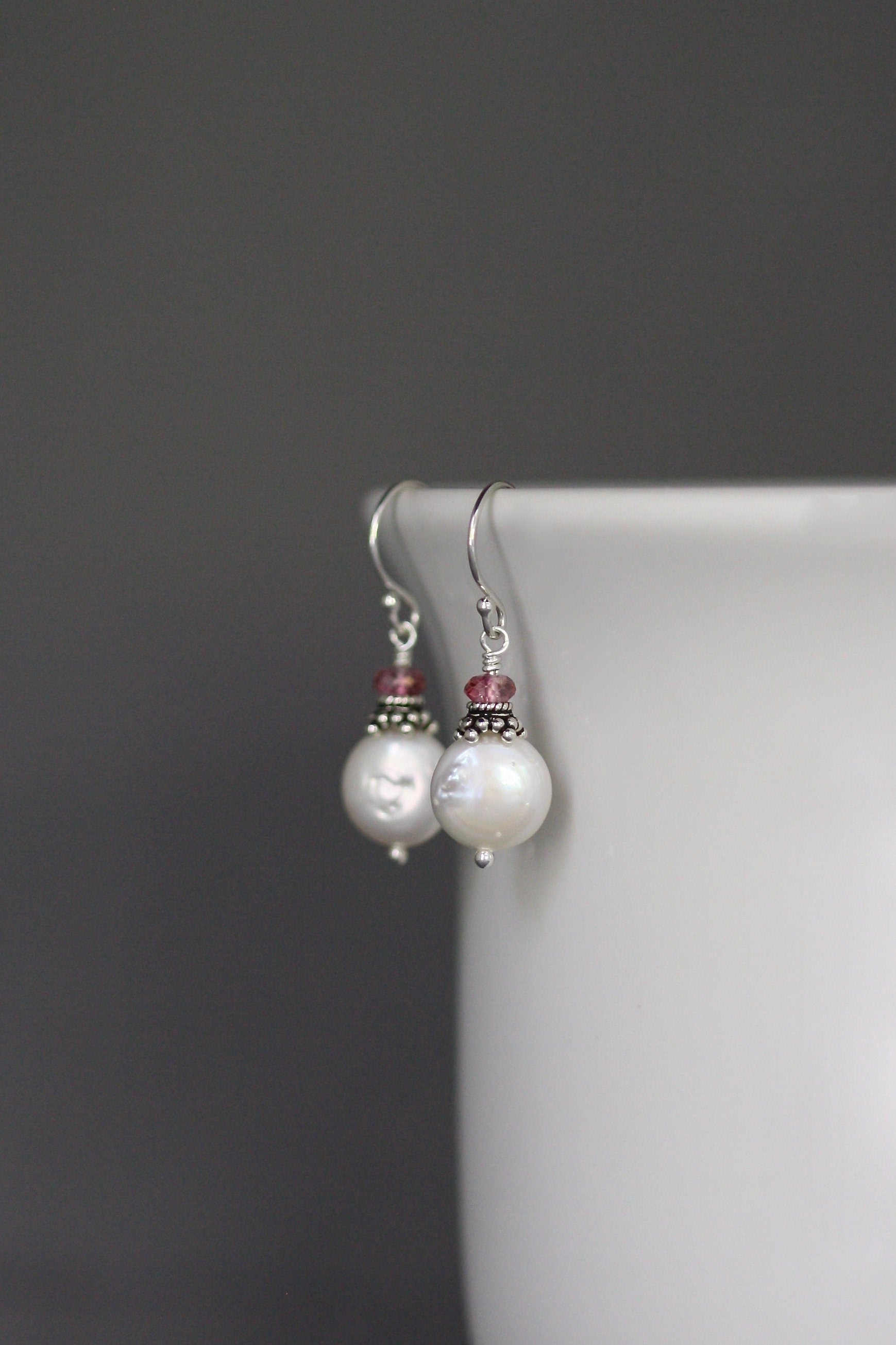 Freshwater Coin Pearl and Pink Topaz Earrings with Bali Sterling Silver Caps