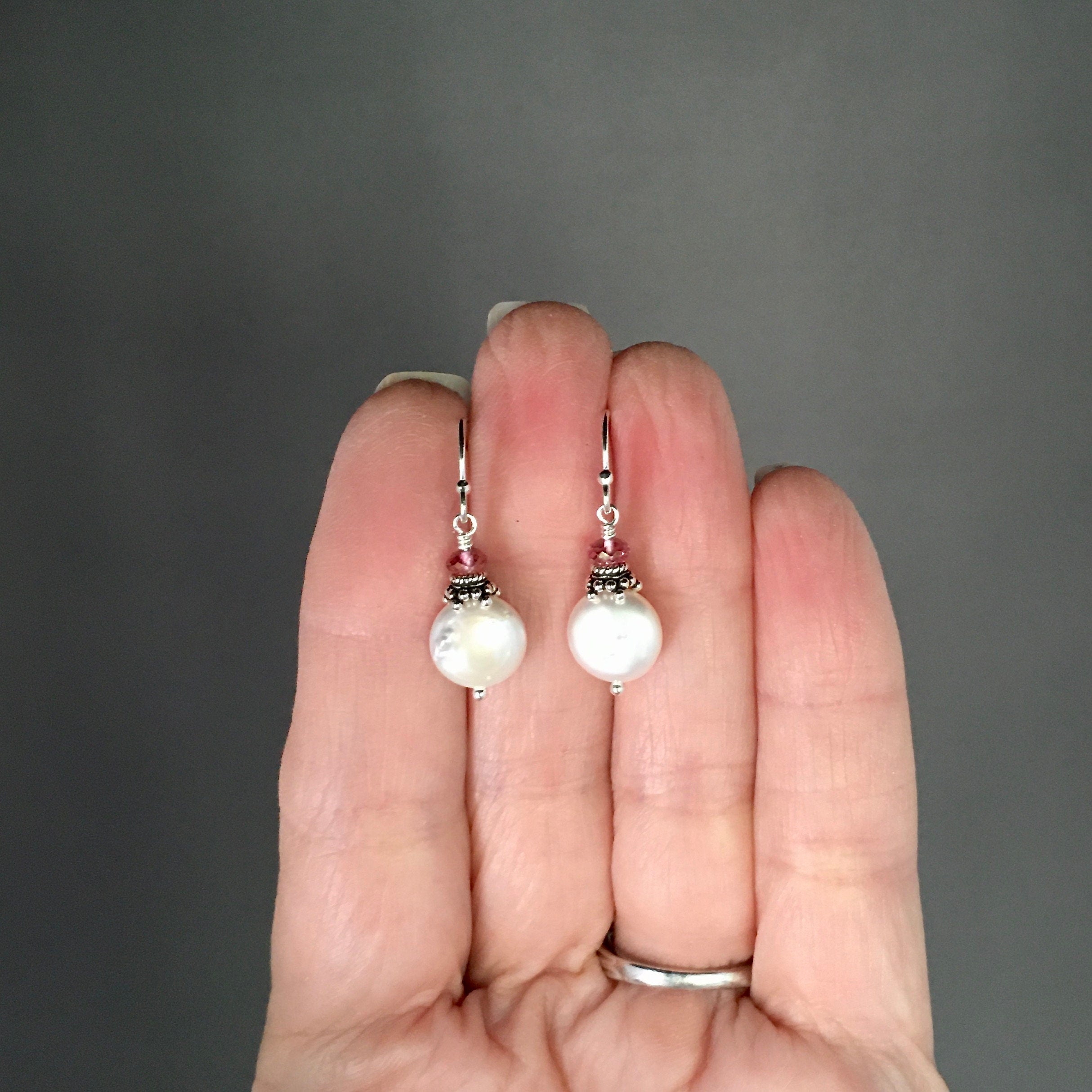 Freshwater Coin Pearl and Pink Topaz Earrings with Bali Sterling Silver Caps