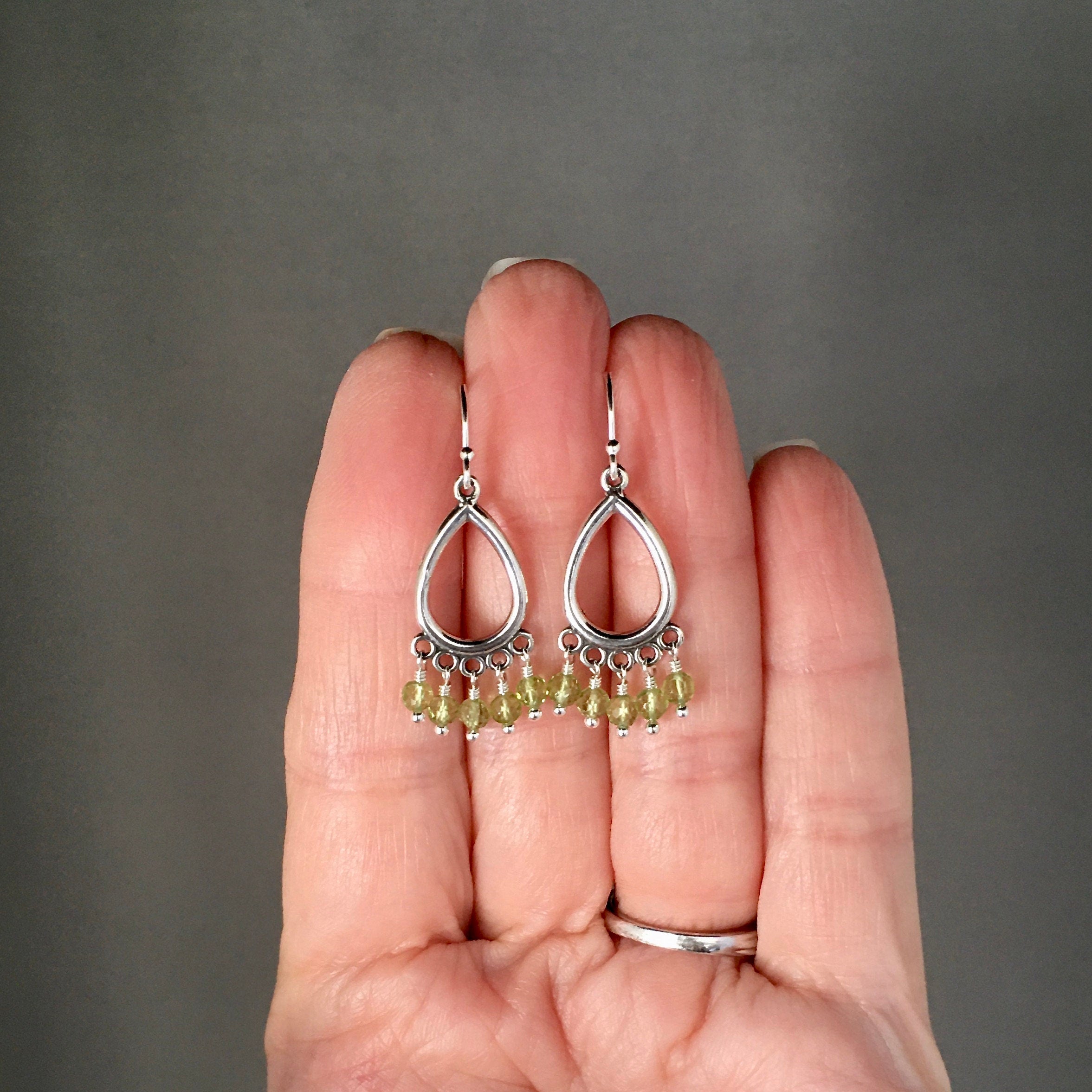 Peridot Chandelier Earrings with Five Stones on Bali Sterling Silver Findings