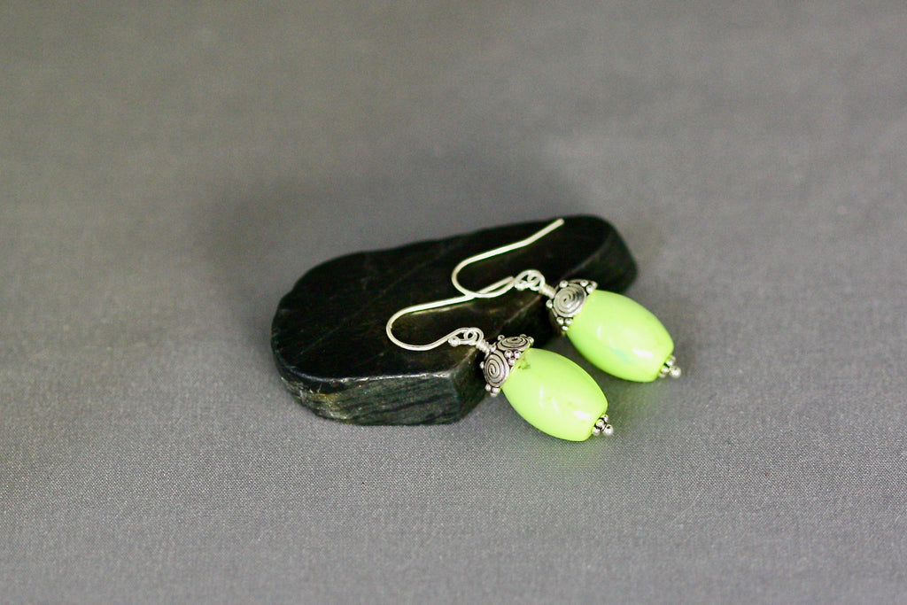 Apple Green Turquoise Barrel Earrings with Bali Sterling Silver Caps