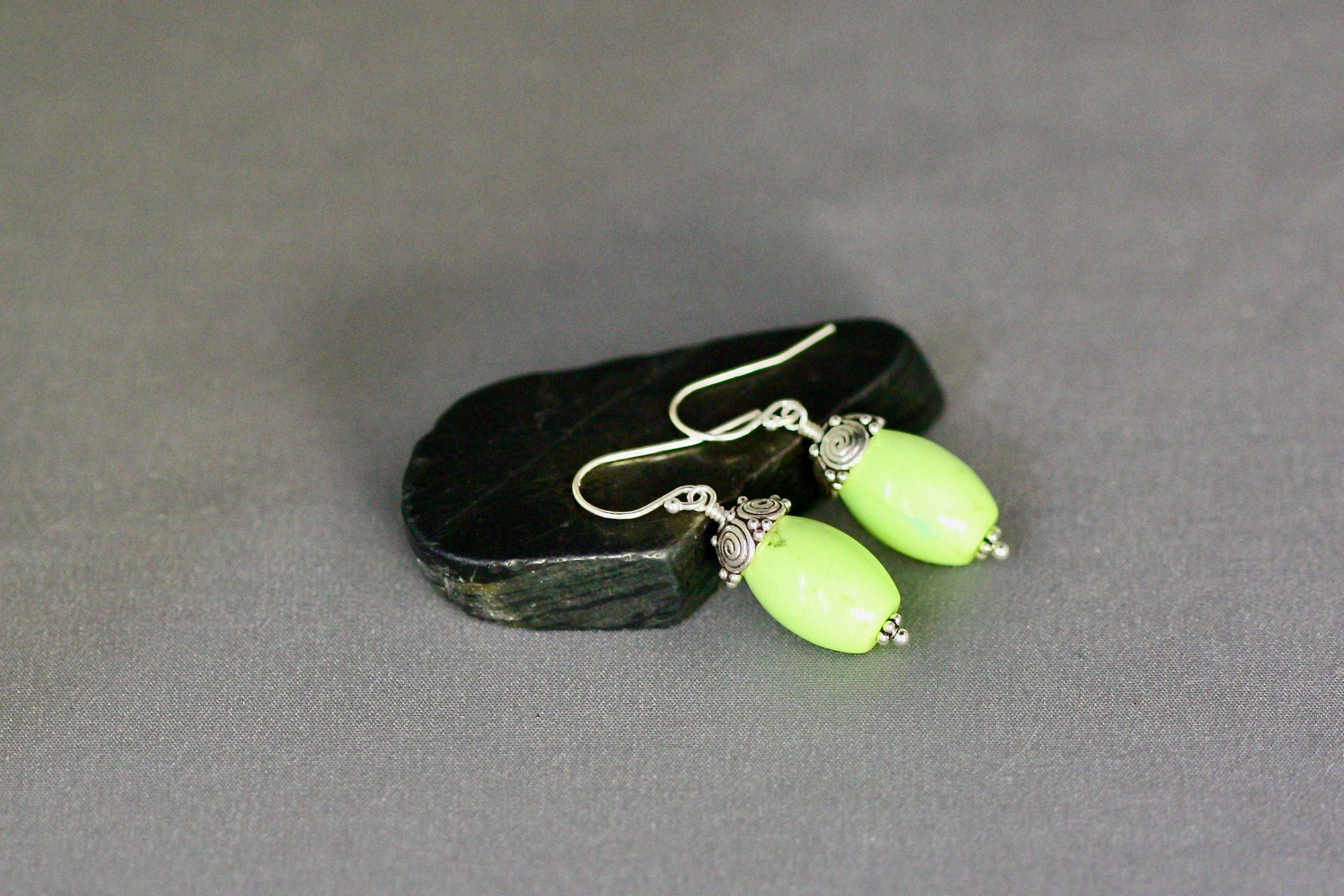 Apple Green Turquoise Barrel Earrings with Bali Sterling Silver Caps