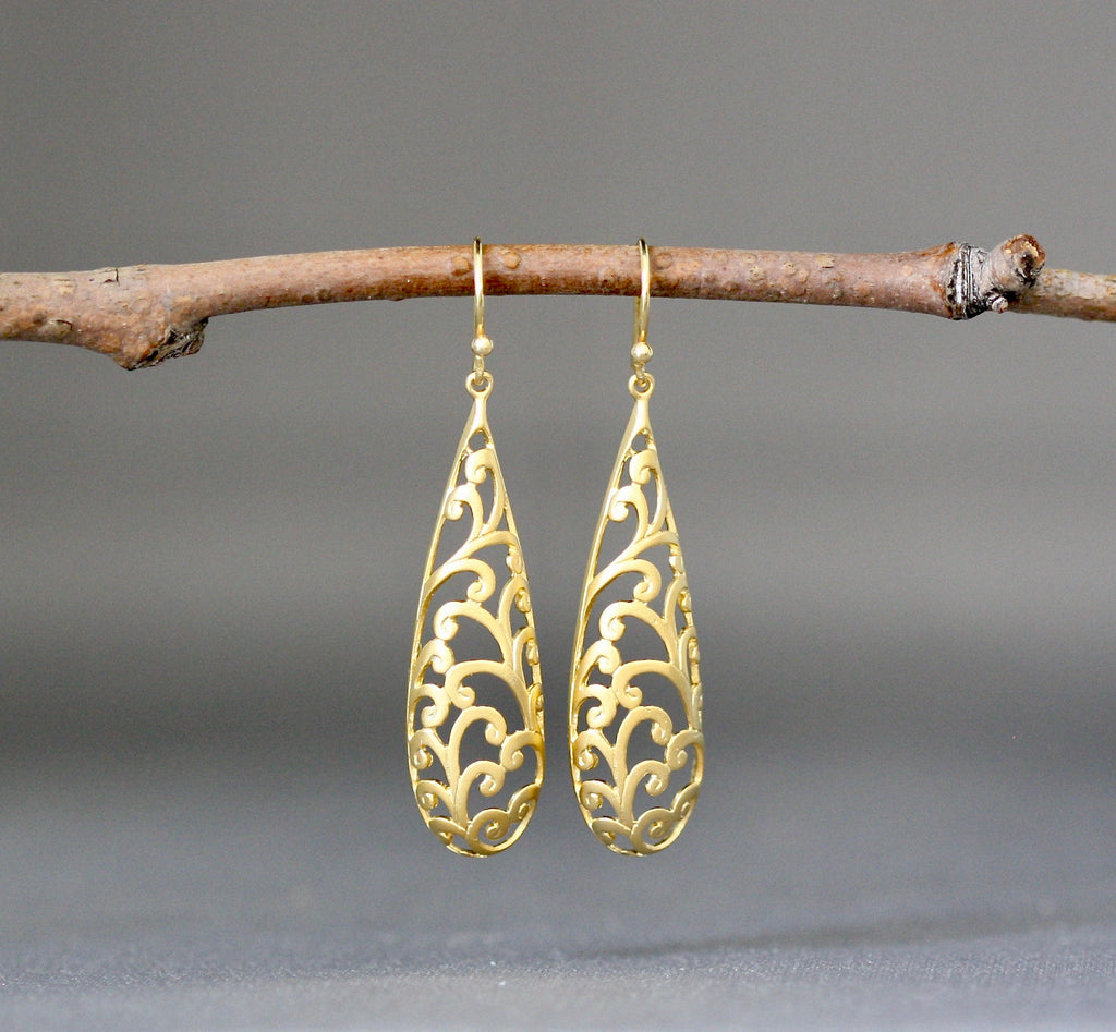 Long Matte Gold Vermeil Filigree Dangle Earrings II