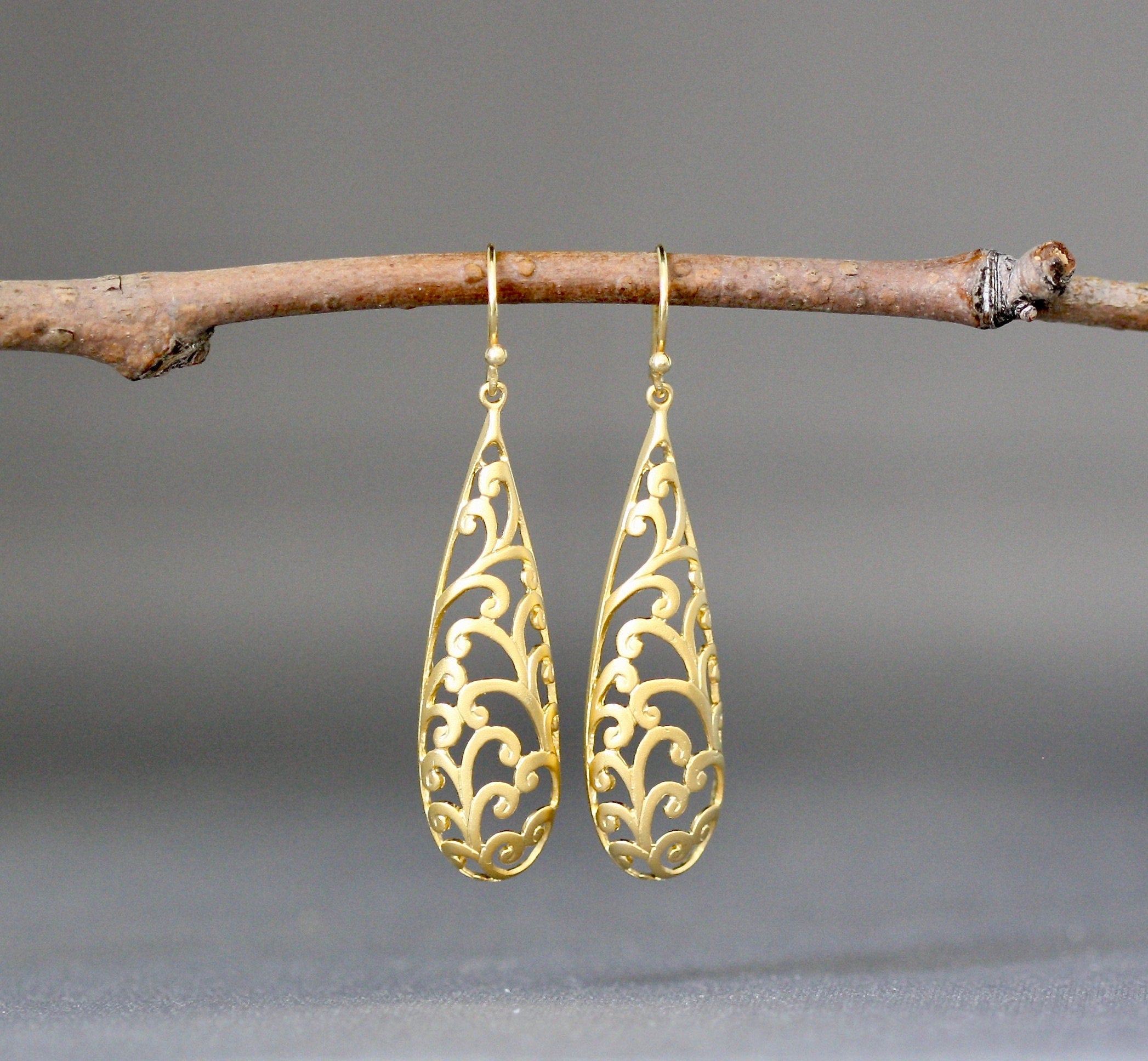 Long Matte Gold Vermeil Filigree Dangle Earrings II