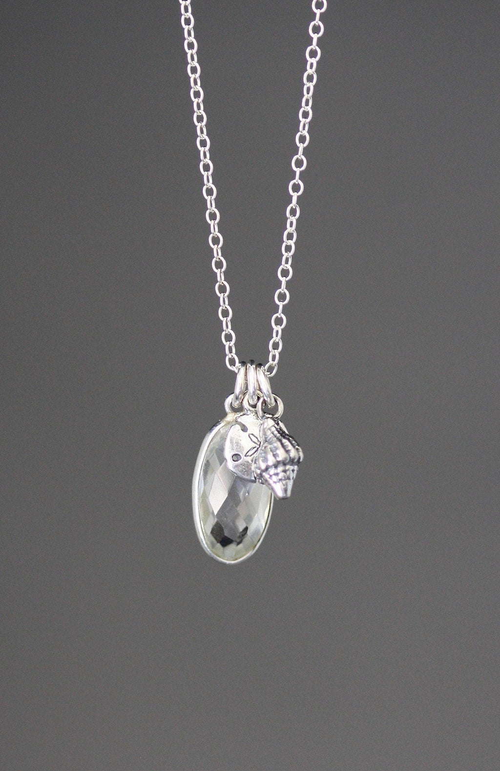 Quartz Crystal, Sand Dollar and Sea Shell Charm Necklace in Sterling Silver