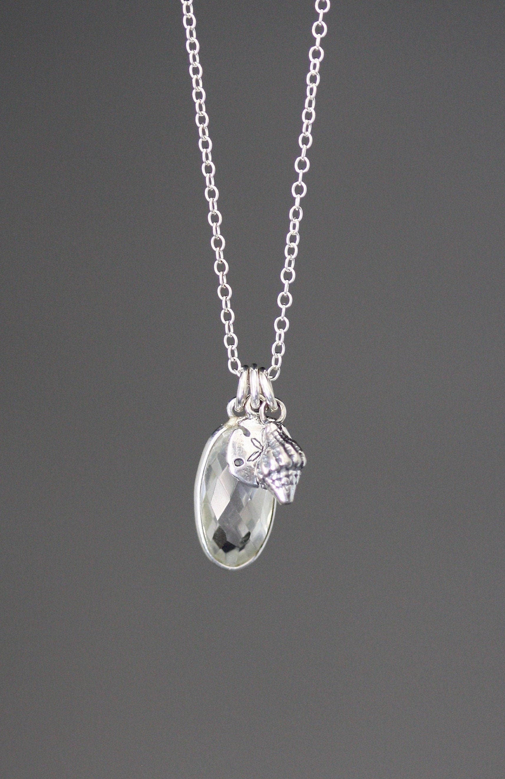Quartz Crystal, Sand Dollar and Sea Shell Charm Necklace in Sterling Silver