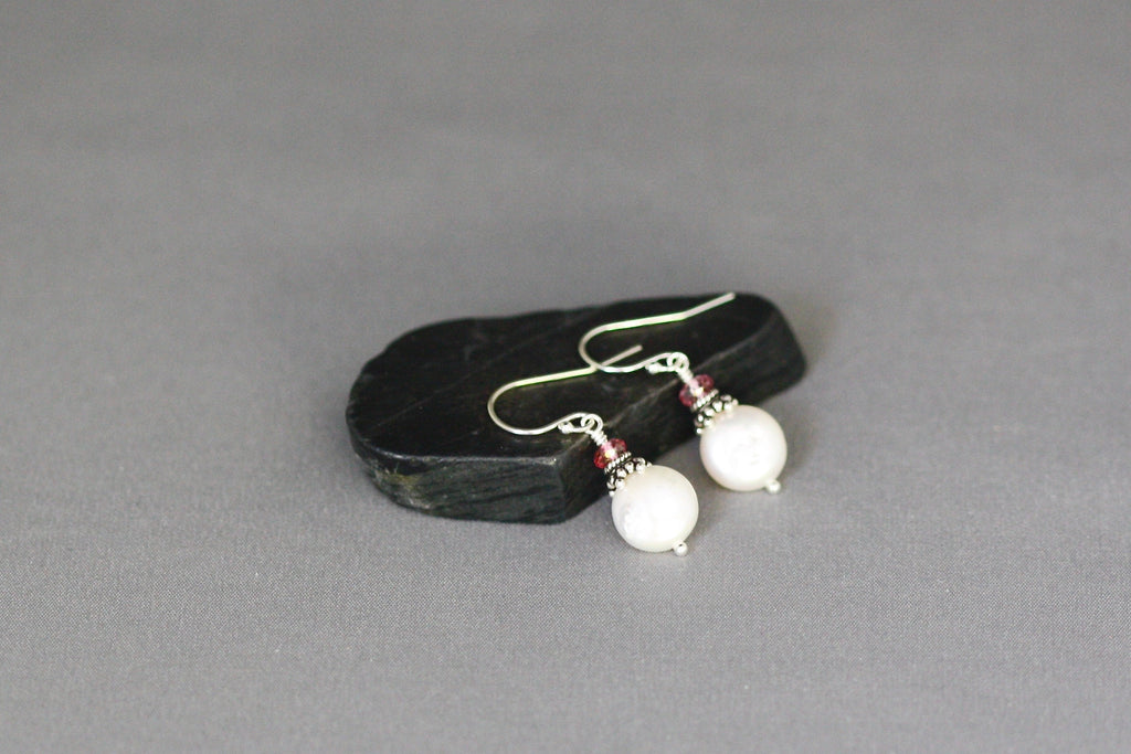 Freshwater Coin Pearl and Pink Topaz Earrings with Bali Sterling Silver Caps