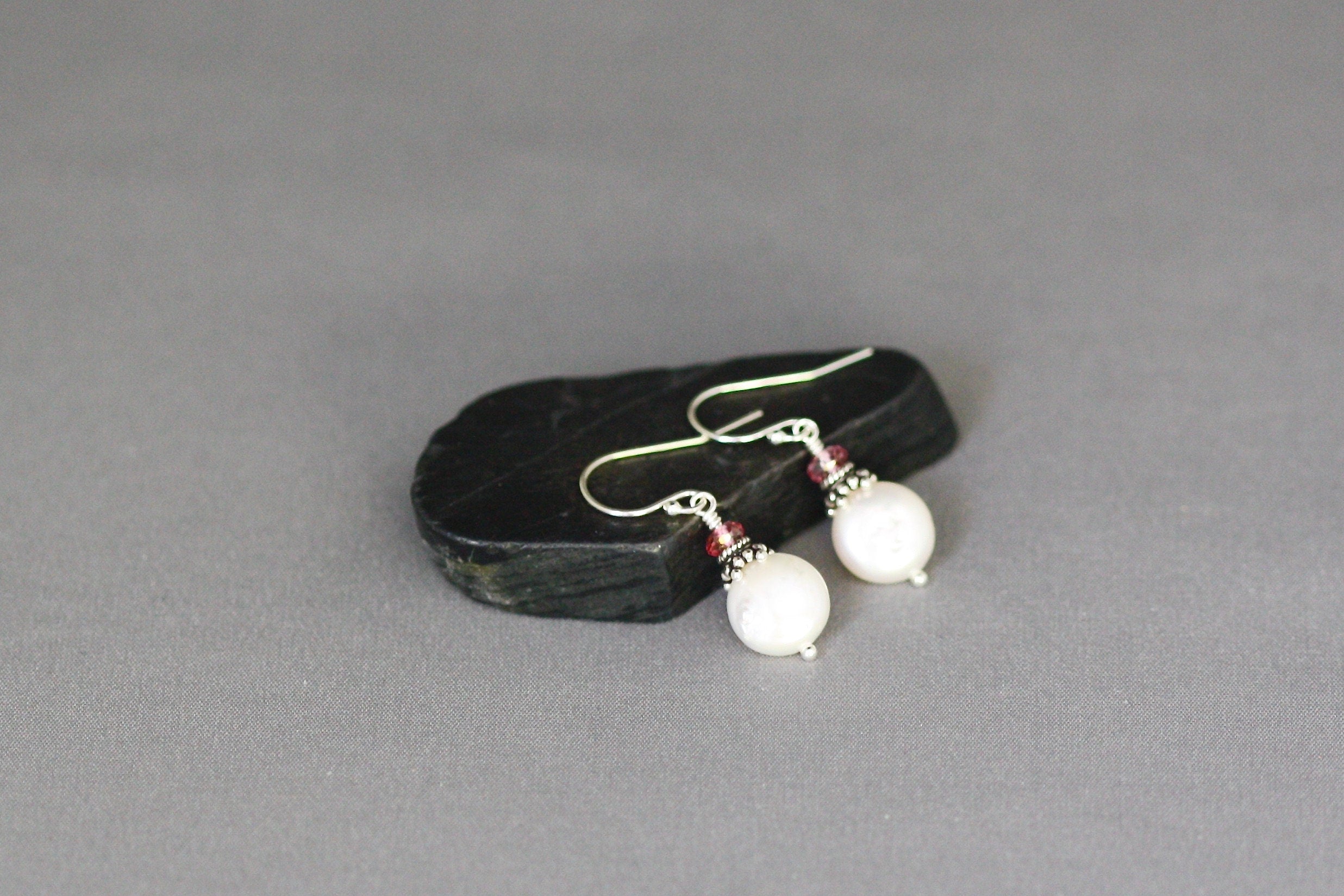 Freshwater Coin Pearl and Pink Topaz Earrings with Bali Sterling Silver Caps
