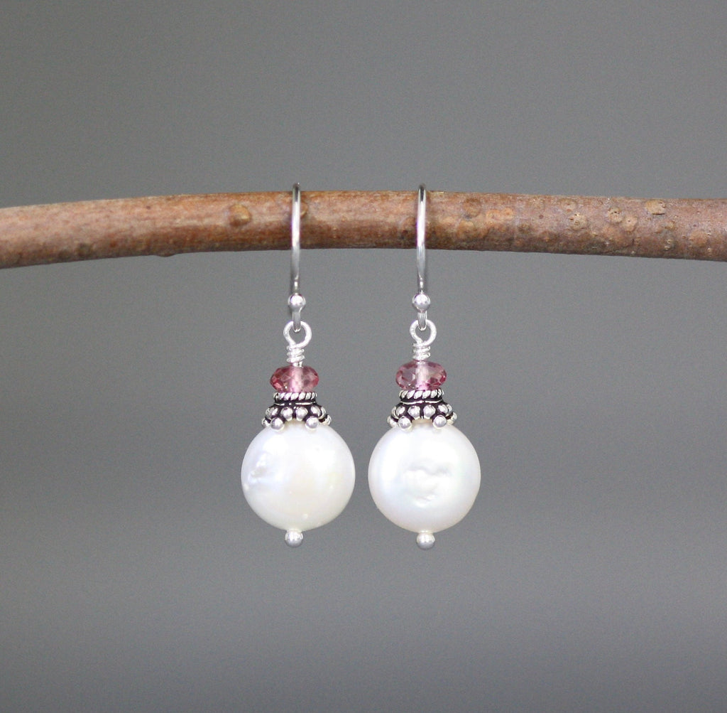 Freshwater Coin Pearl and Pink Topaz Earrings with Bali Sterling Silver Caps