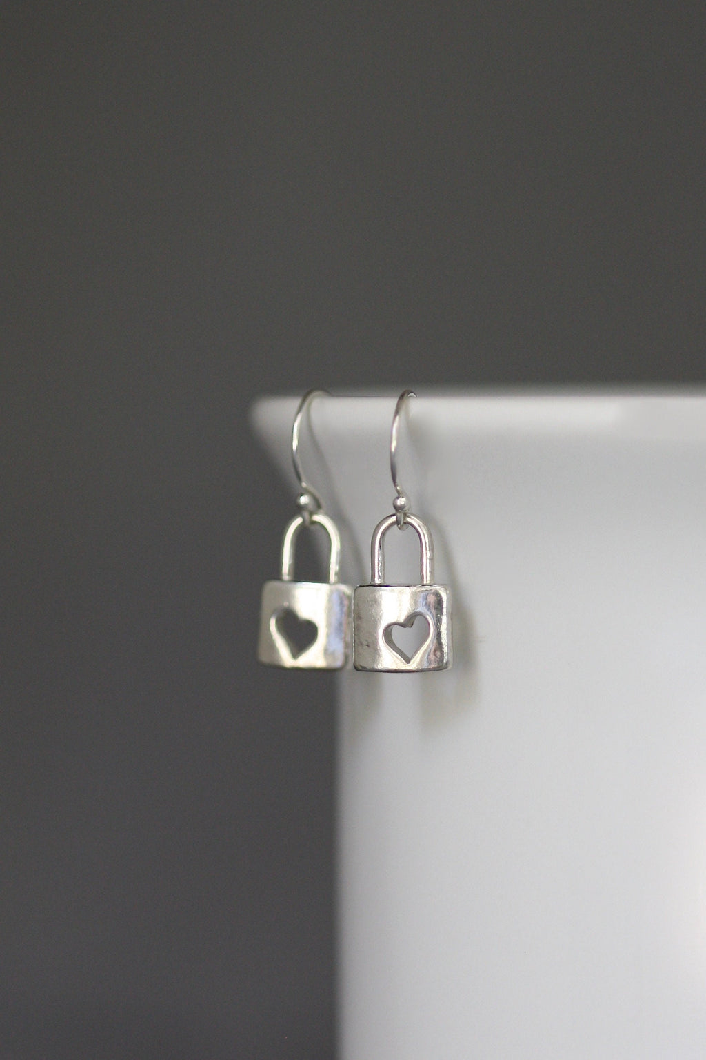 Sterling Silver Heart Cutout Padlock Charm Dangle Earrings
