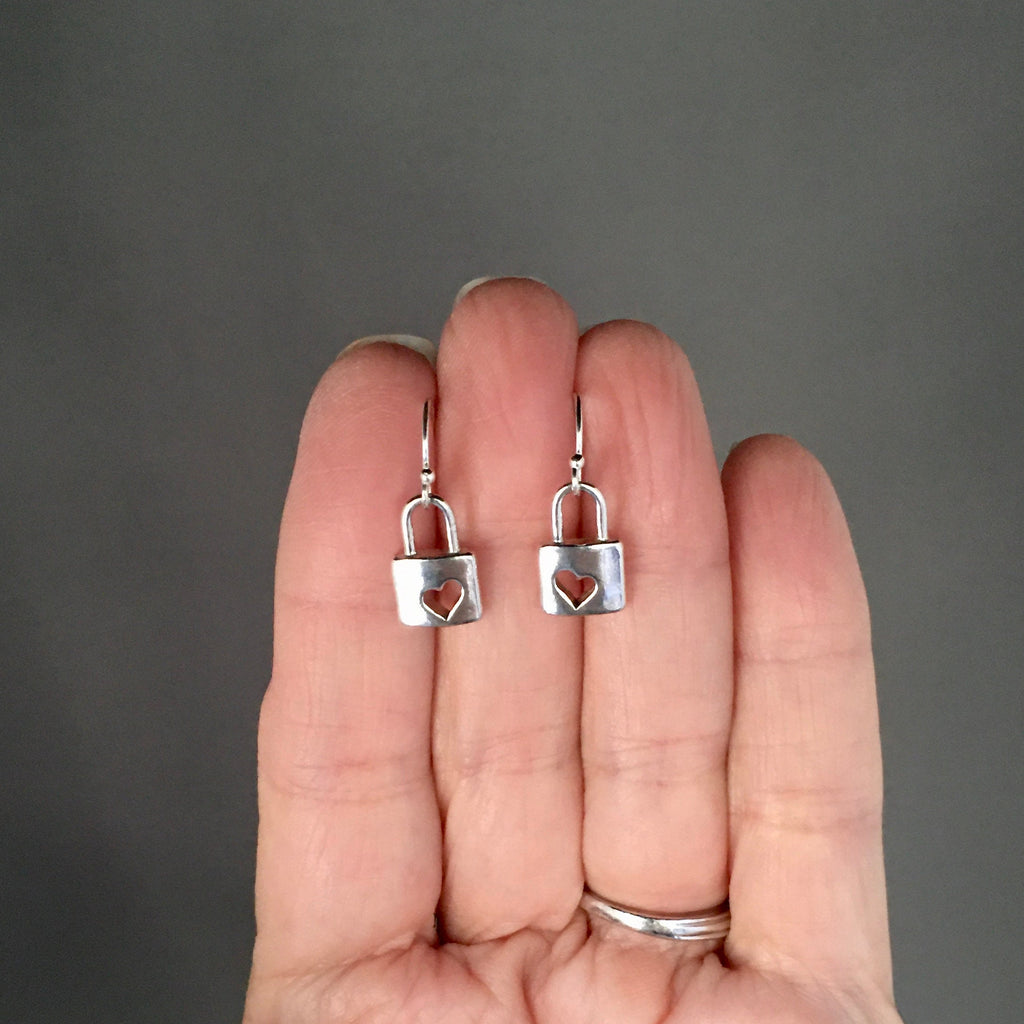 Sterling Silver Heart Cutout Padlock Charm Dangle Earrings