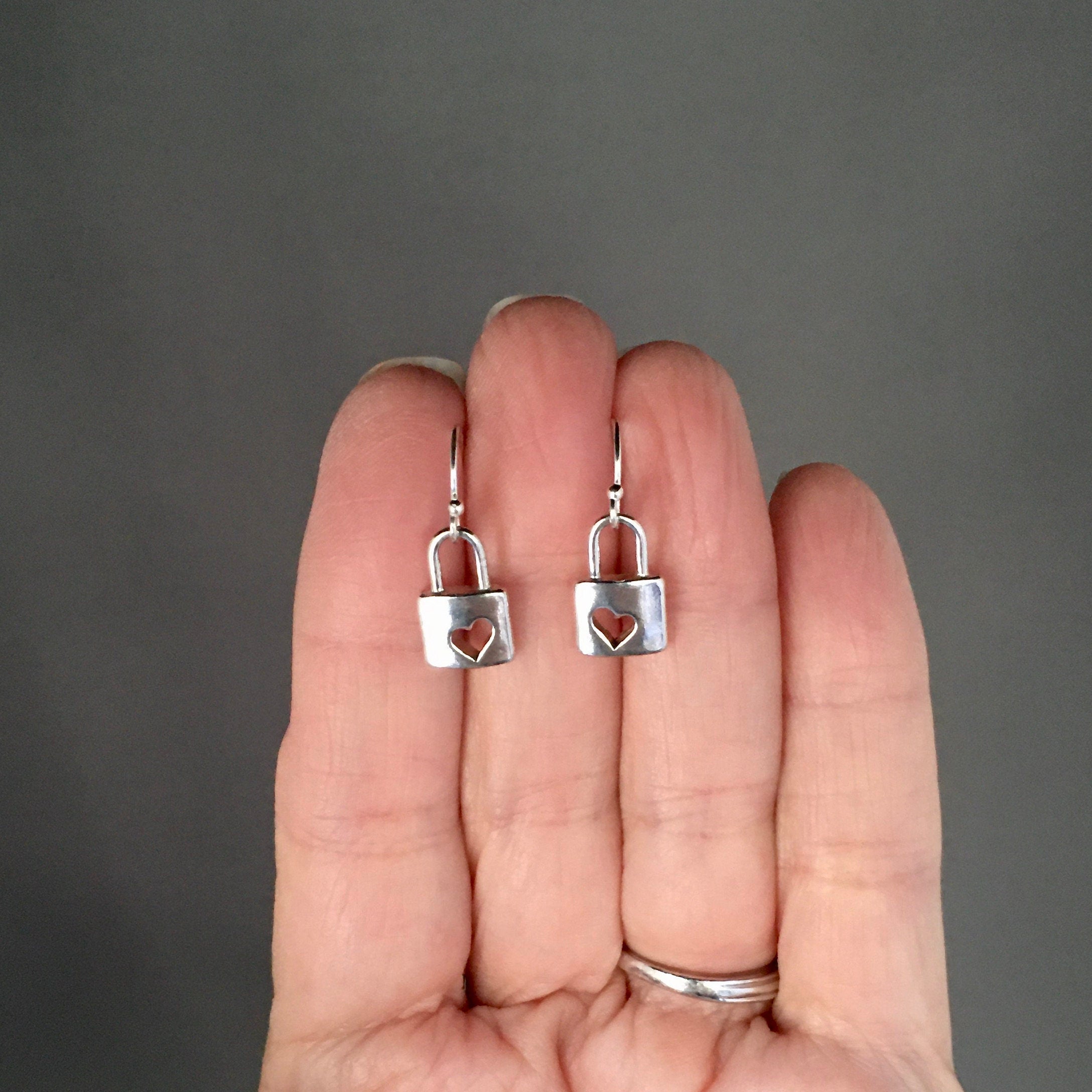 Sterling Silver Heart Cutout Padlock Charm Dangle Earrings