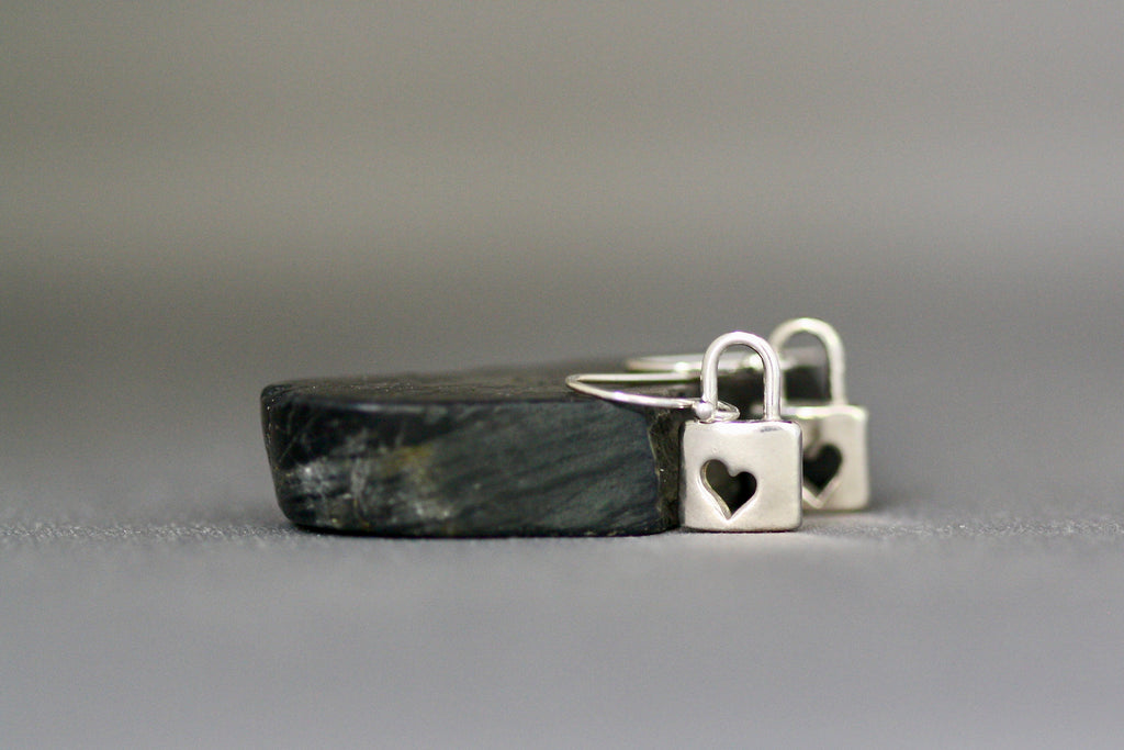 Sterling Silver Heart Cutout Padlock Charm Dangle Earrings