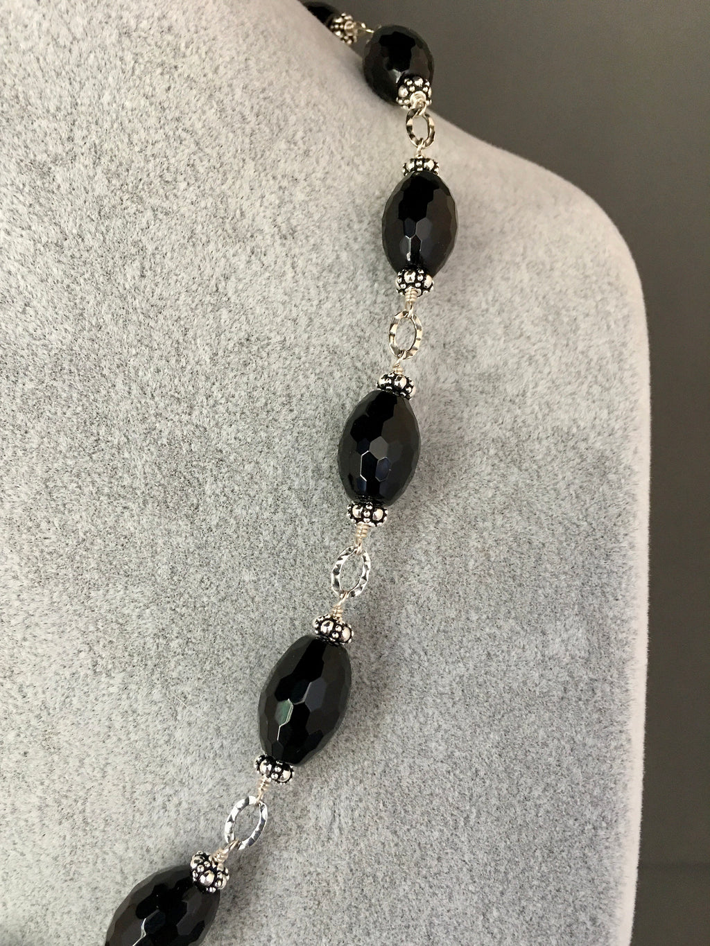Black Onyx Barrel and Bali Sterling Silver Beaded Statement Necklace