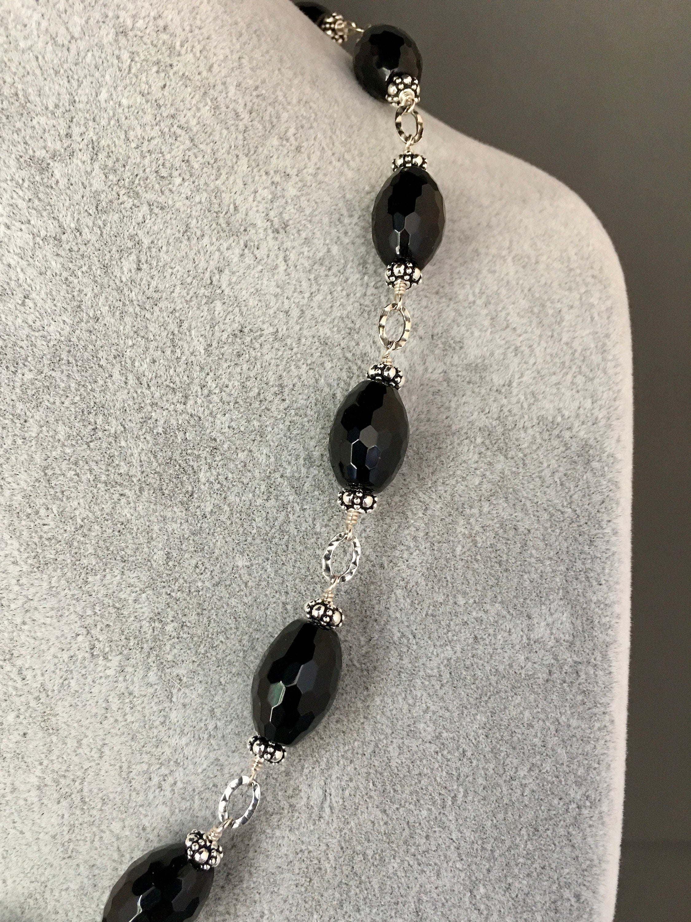 Black Onyx Barrel and Bali Sterling Silver Beaded Statement Necklace