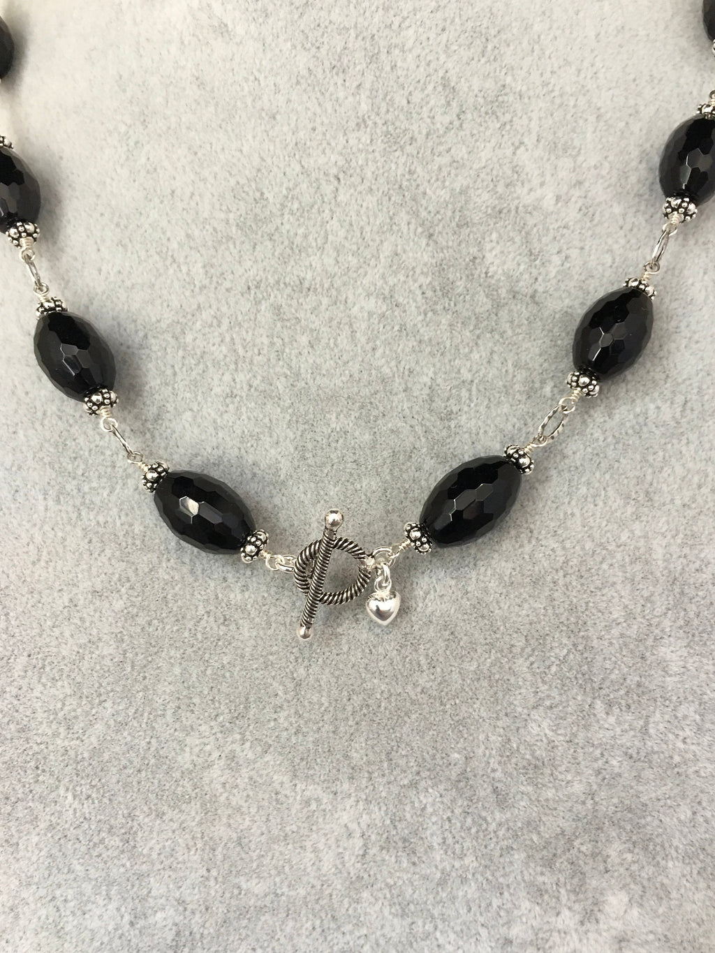 Black Onyx Barrel and Bali Sterling Silver Beaded Statement Necklace