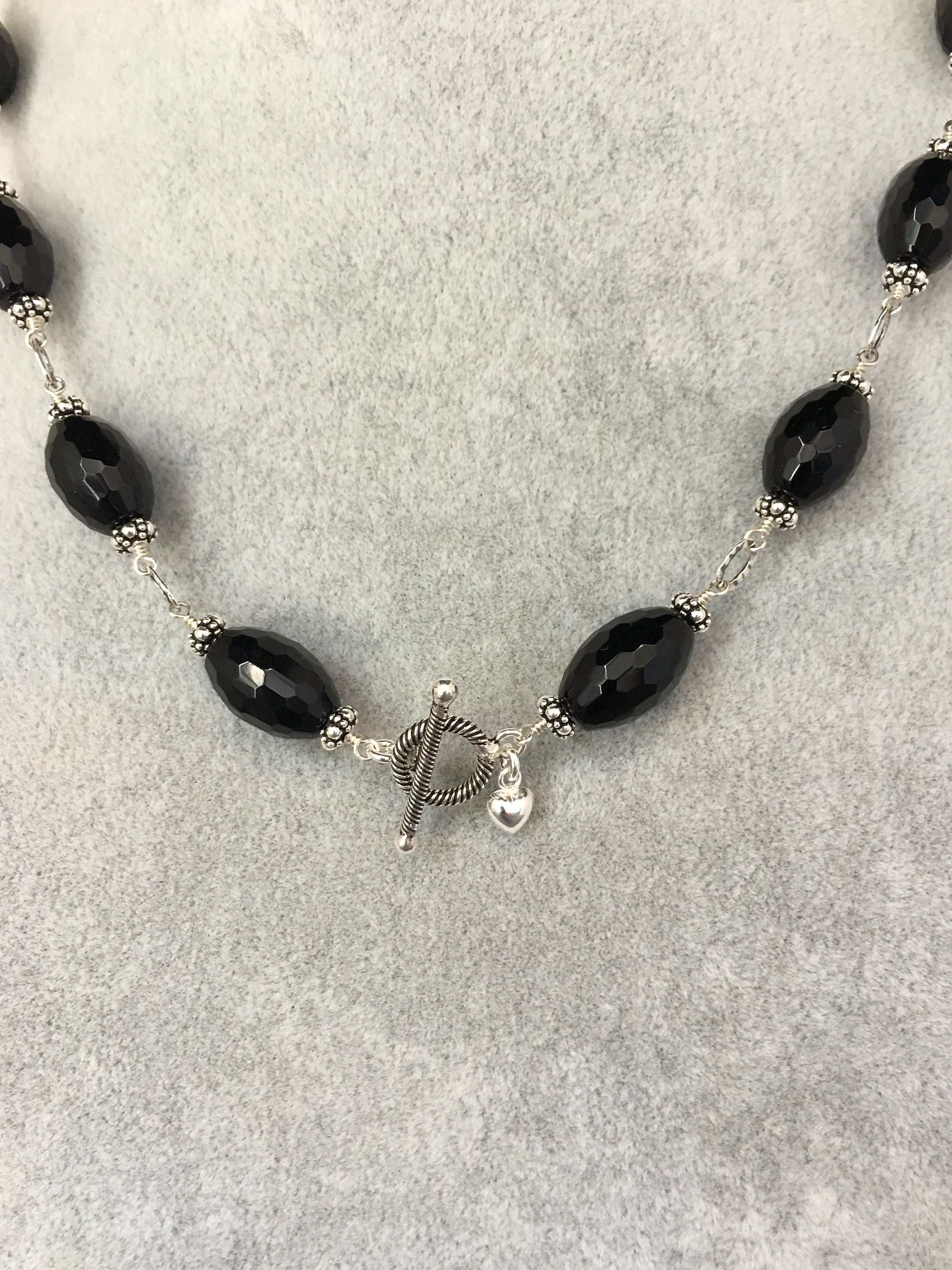 Black Onyx Barrel and Bali Sterling Silver Beaded Statement Necklace