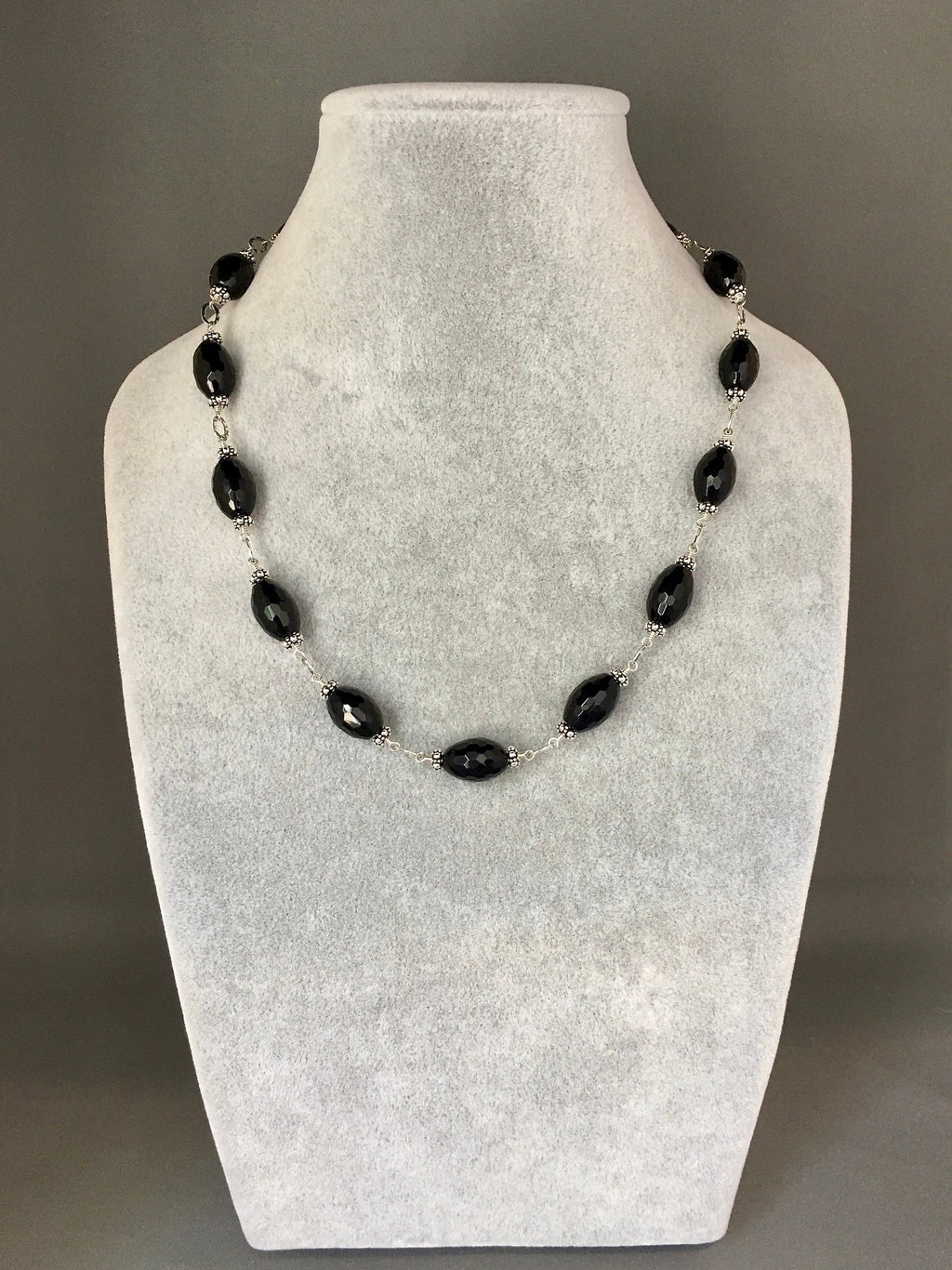 Black Onyx Barrel and Bali Sterling Silver Beaded Statement Necklace