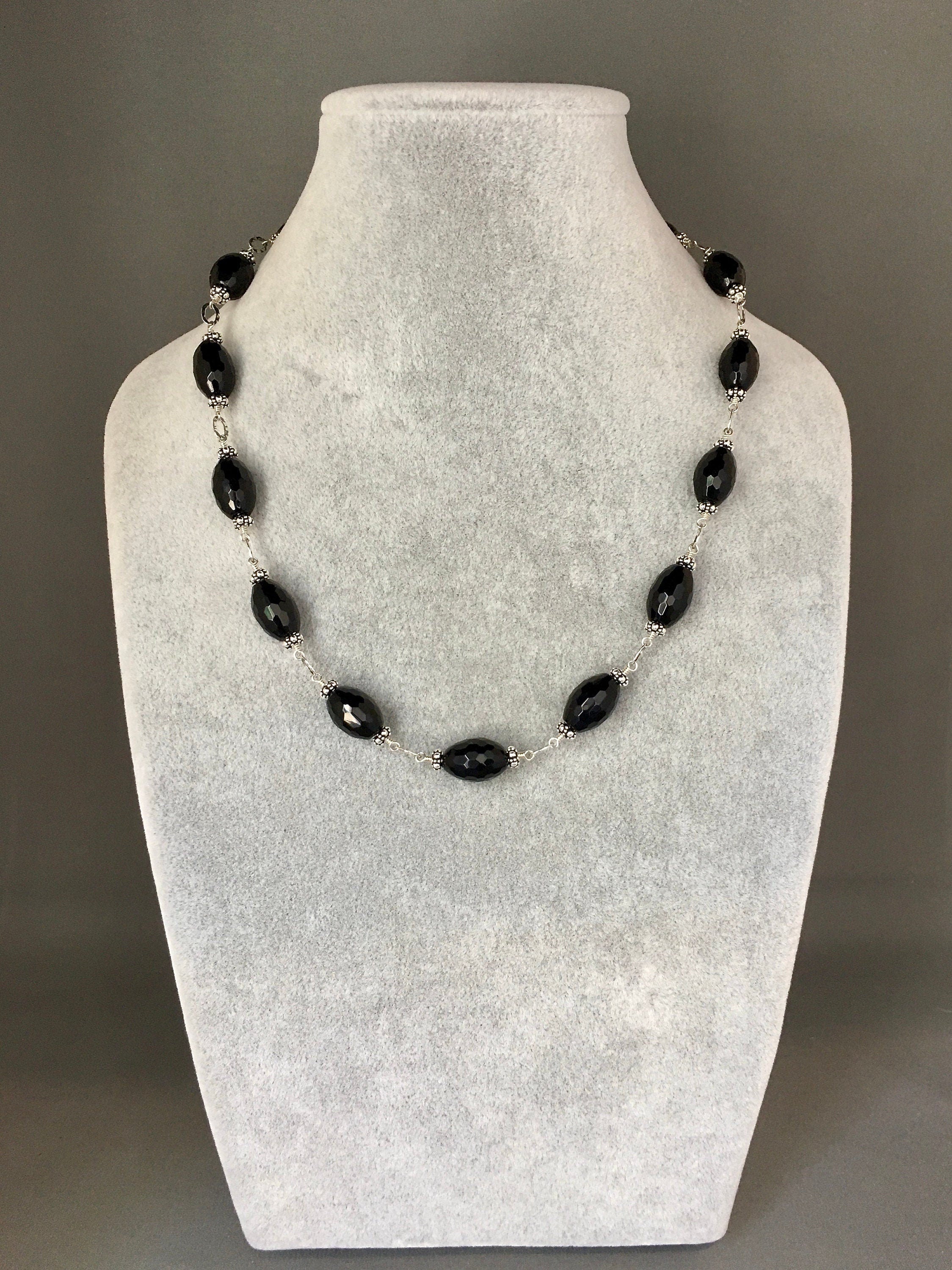 Black Onyx Barrel and Bali Sterling Silver Beaded Statement Necklace