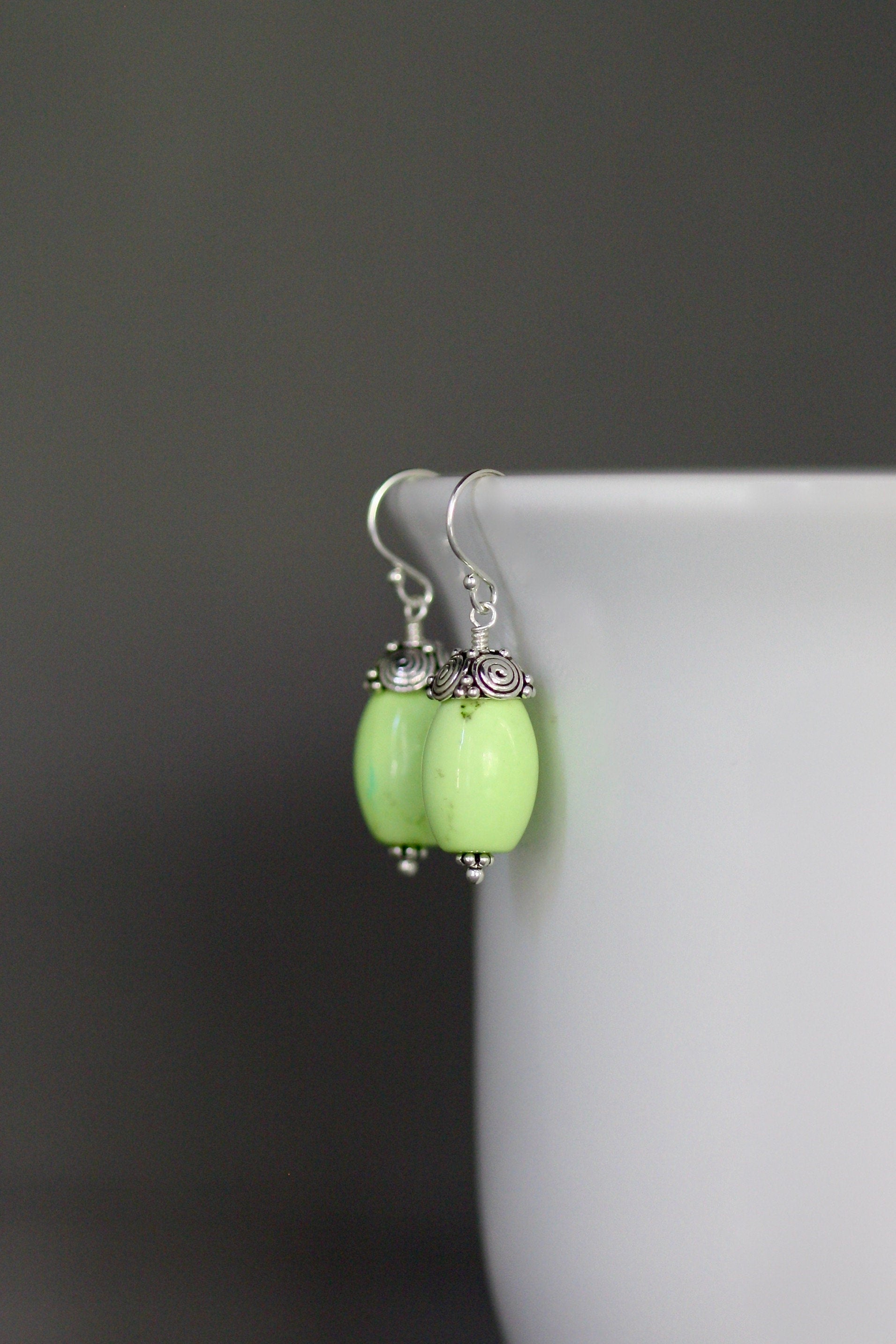 Apple Green Turquoise Barrel Earrings with Bali Sterling Silver Caps