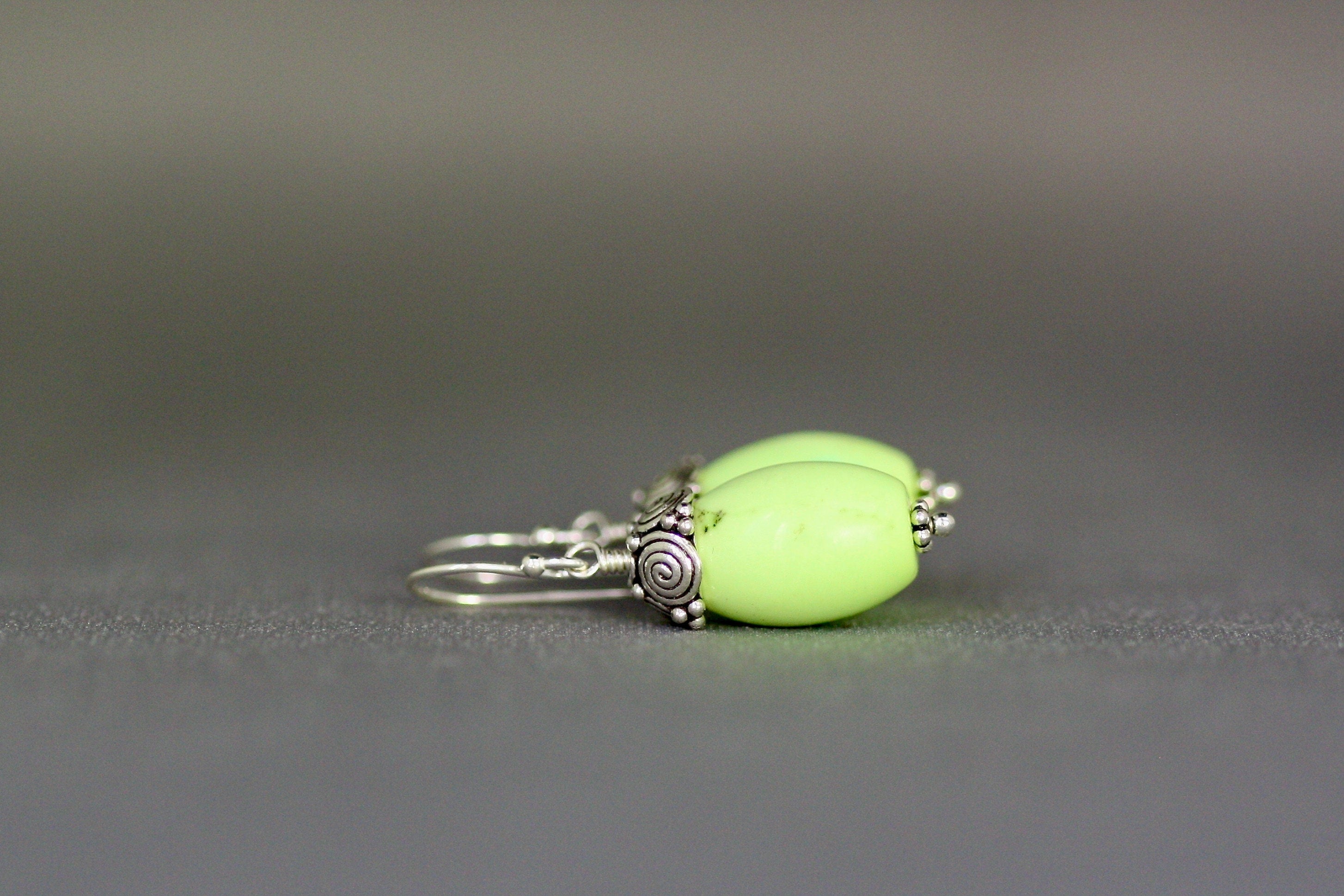 Apple Green Turquoise Barrel Earrings with Bali Sterling Silver Caps