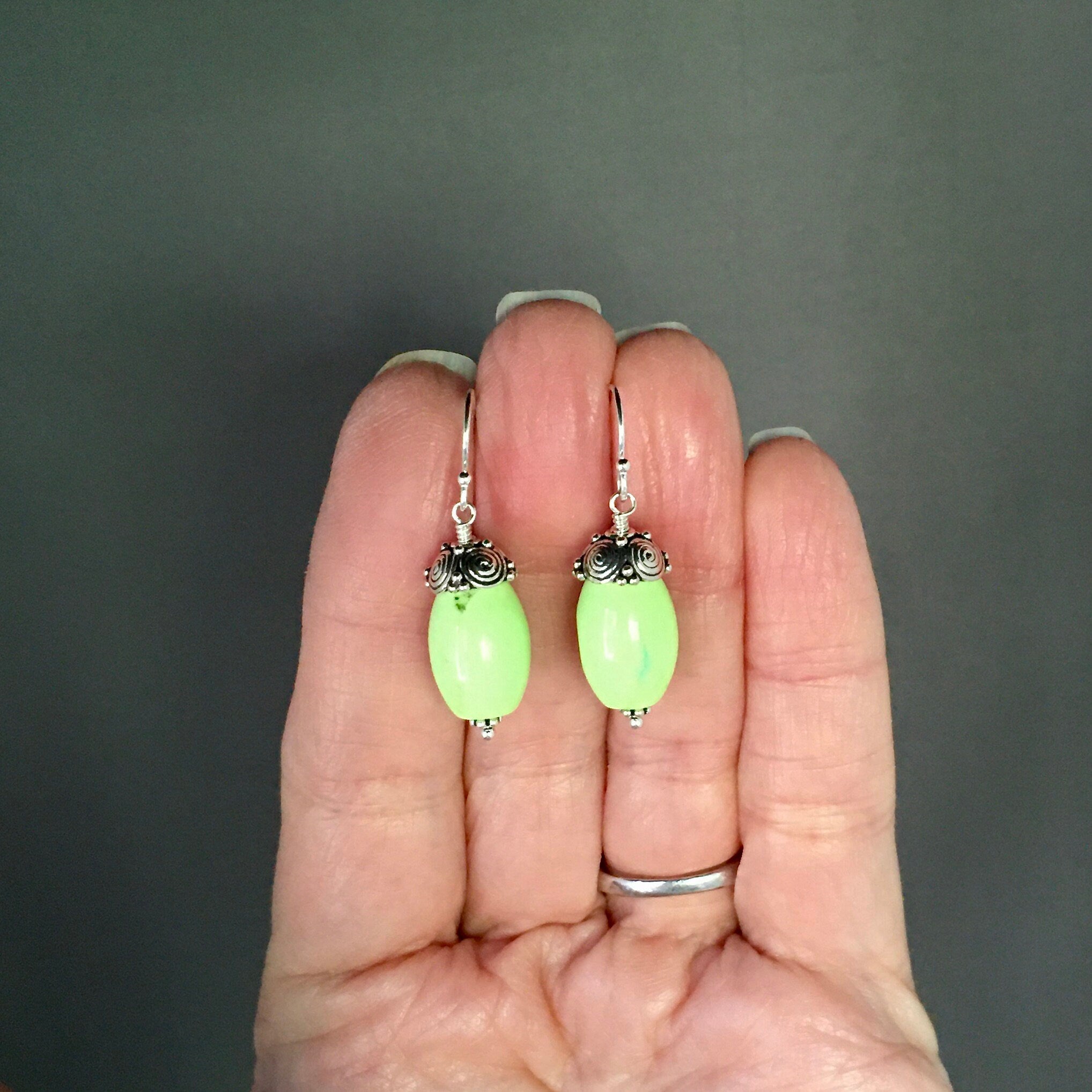 Apple Green Turquoise Barrel Earrings with Bali Sterling Silver Caps