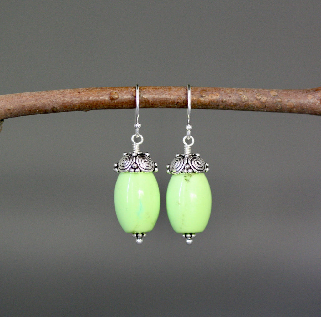 Apple Green Turquoise Barrel Earrings with Bali Sterling Silver Caps