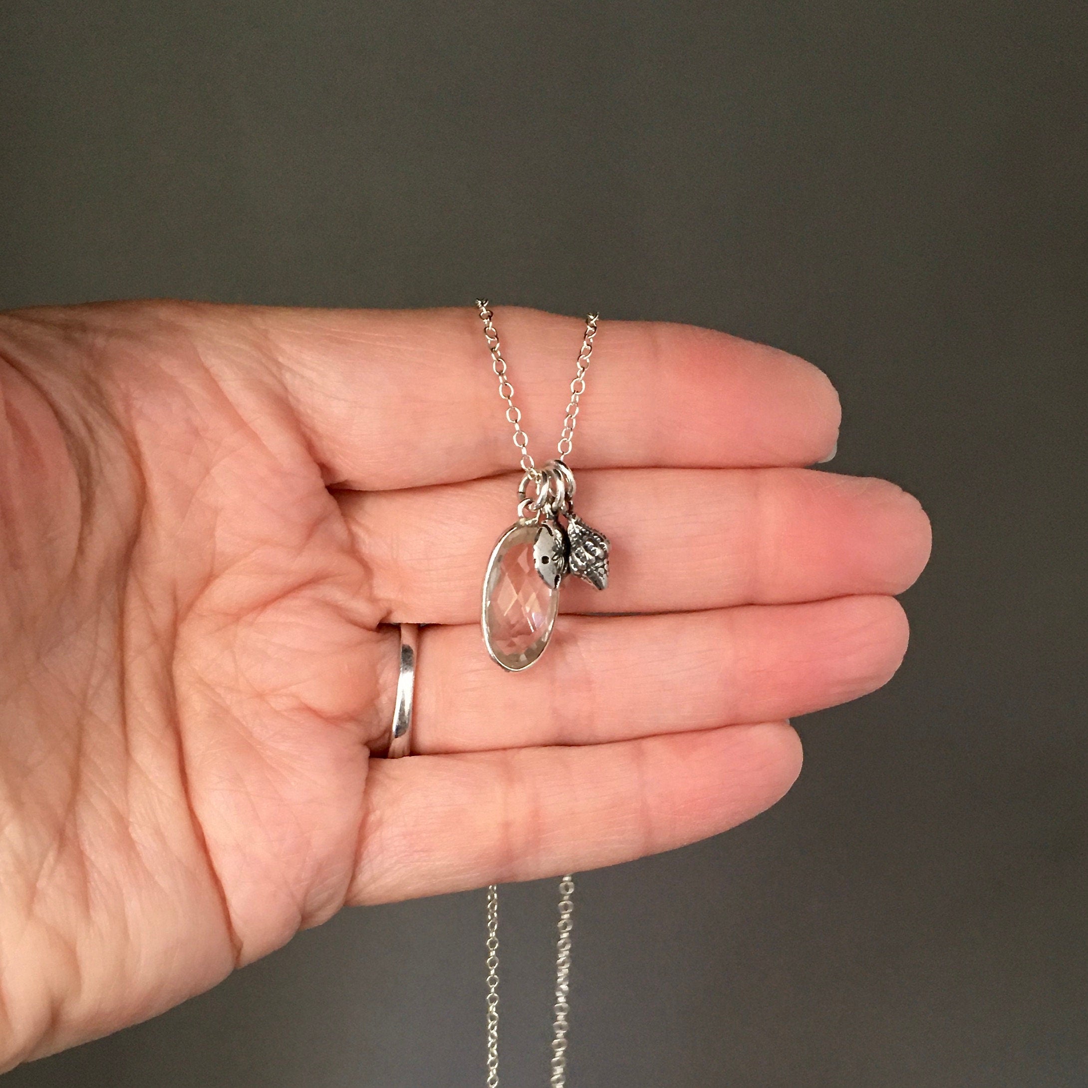 Quartz Crystal, Sand Dollar and Sea Shell Charm Necklace in Sterling Silver