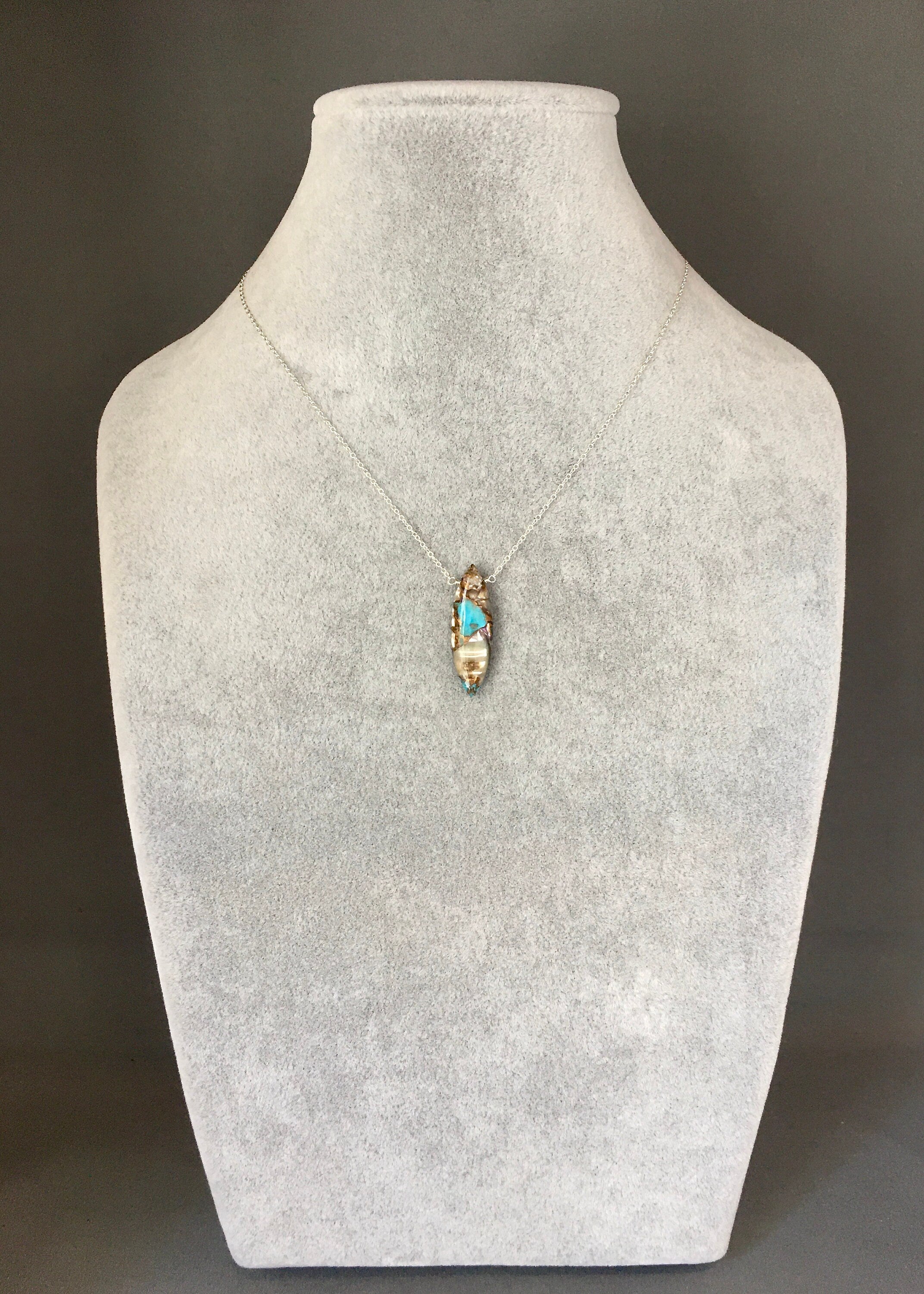 Turquoise and Bronze Abalone Marquise Stone Pendant on a Sterling Silver Chain