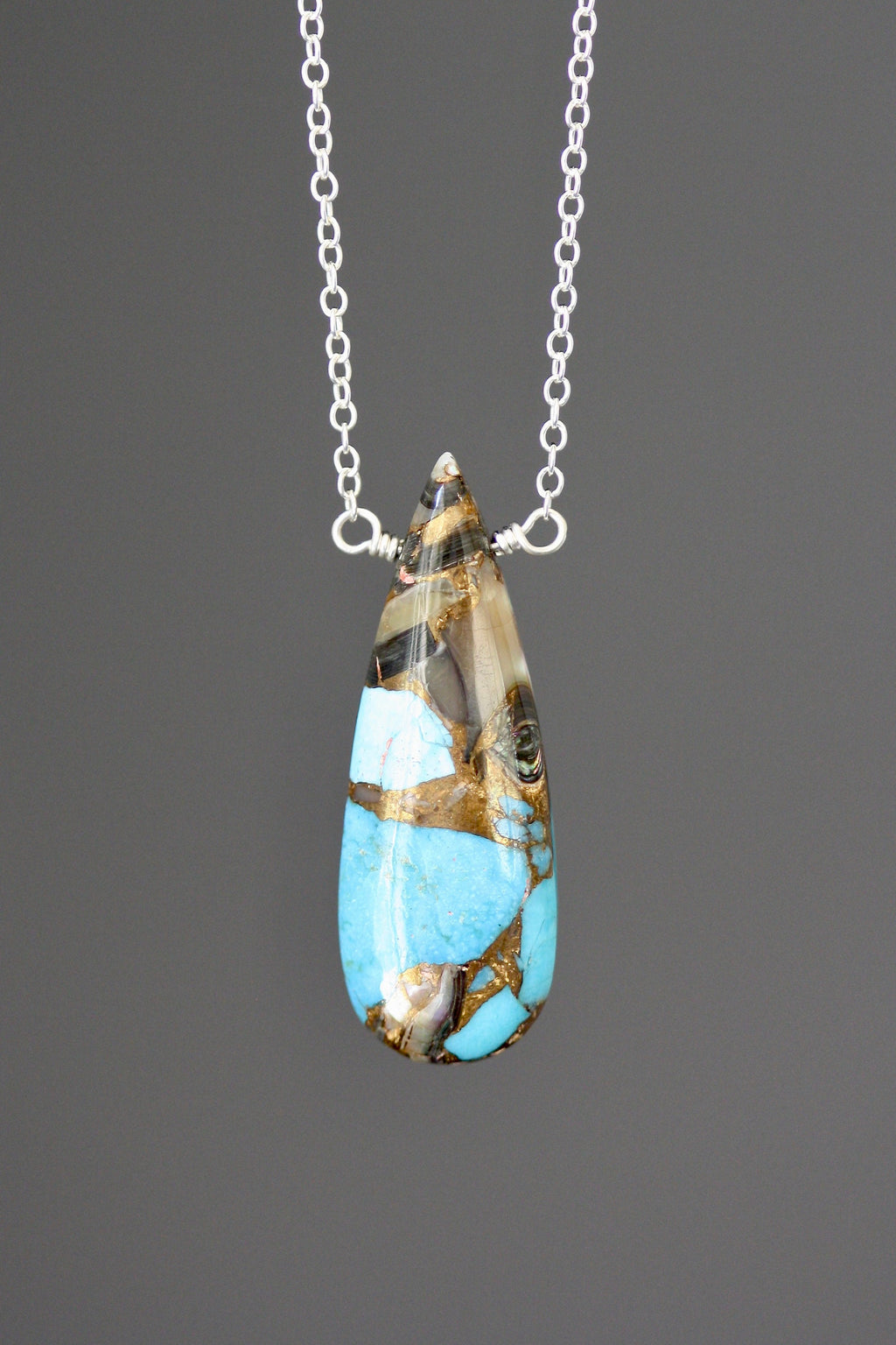 Copper Turquoise Teardrop Pendant on a Sterling Silver Chain