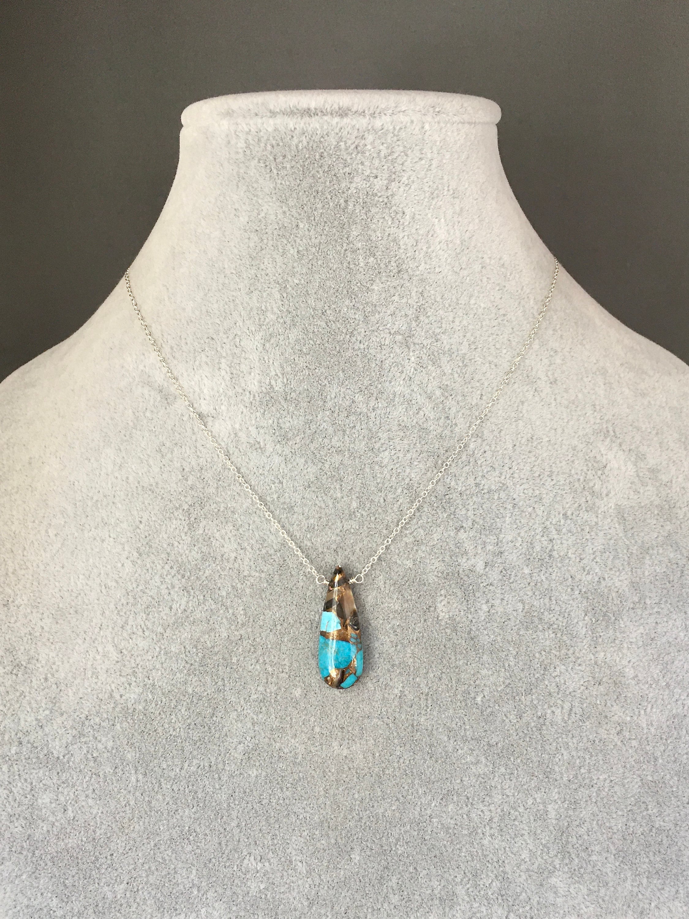 Copper Turquoise Teardrop Pendant on a Sterling Silver Chain