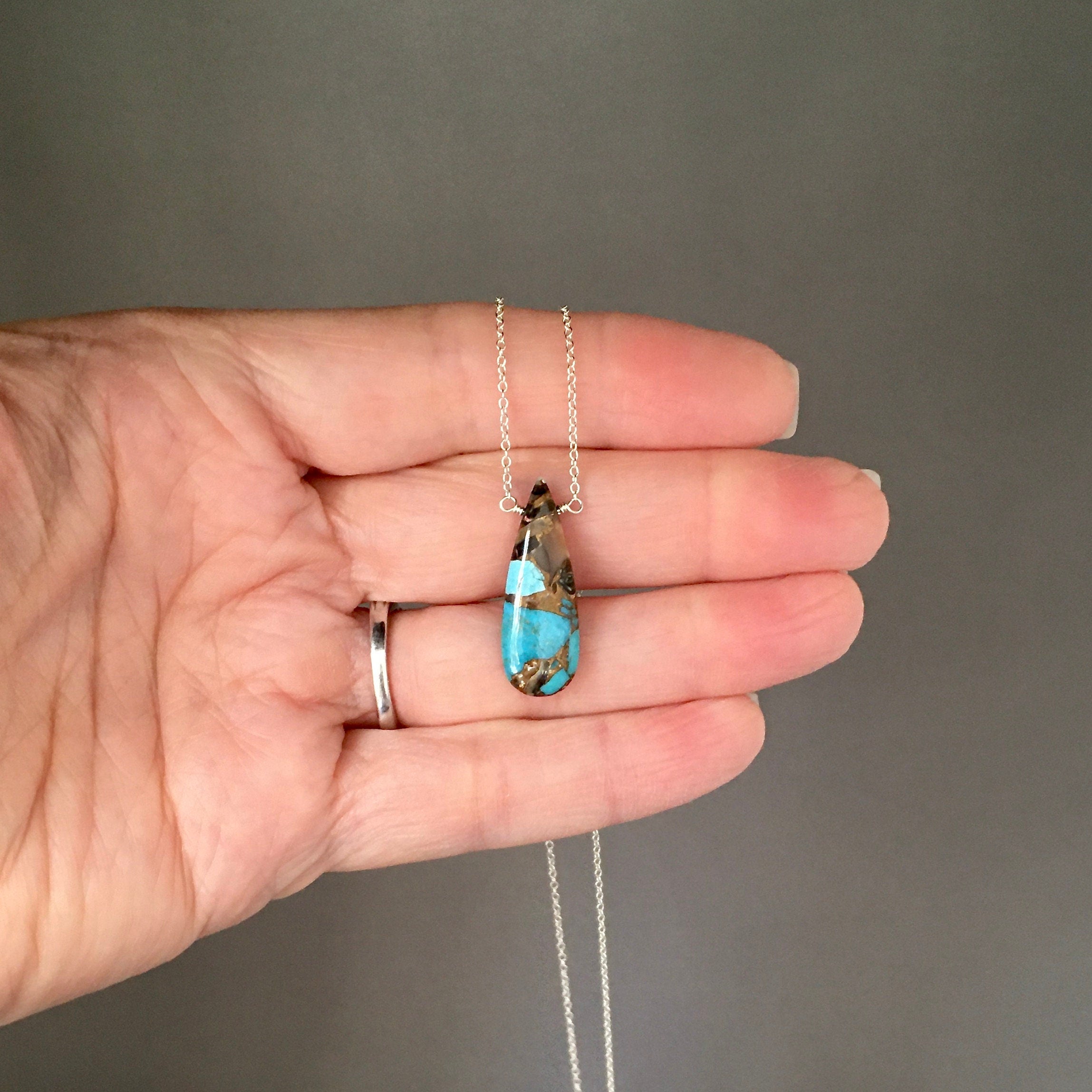 Copper Turquoise Teardrop Pendant on a Sterling Silver Chain